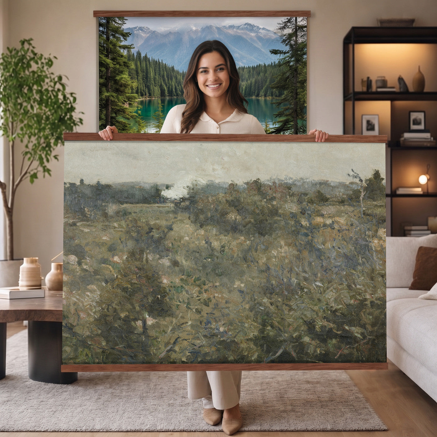 17414183-MGV-TP-30X20 - Realism oil study tapestry wall hanging of "Landscape Study at Grez-sur-Loing" by Frans Van Leemputten, showing an open field study at Grez-sur-Loing, with loose brushwork across low crops, hedgerows, and a soft French sky in soft field greens and warm earth tones under a pale washed sky. Extra large wall art, made in the USA.