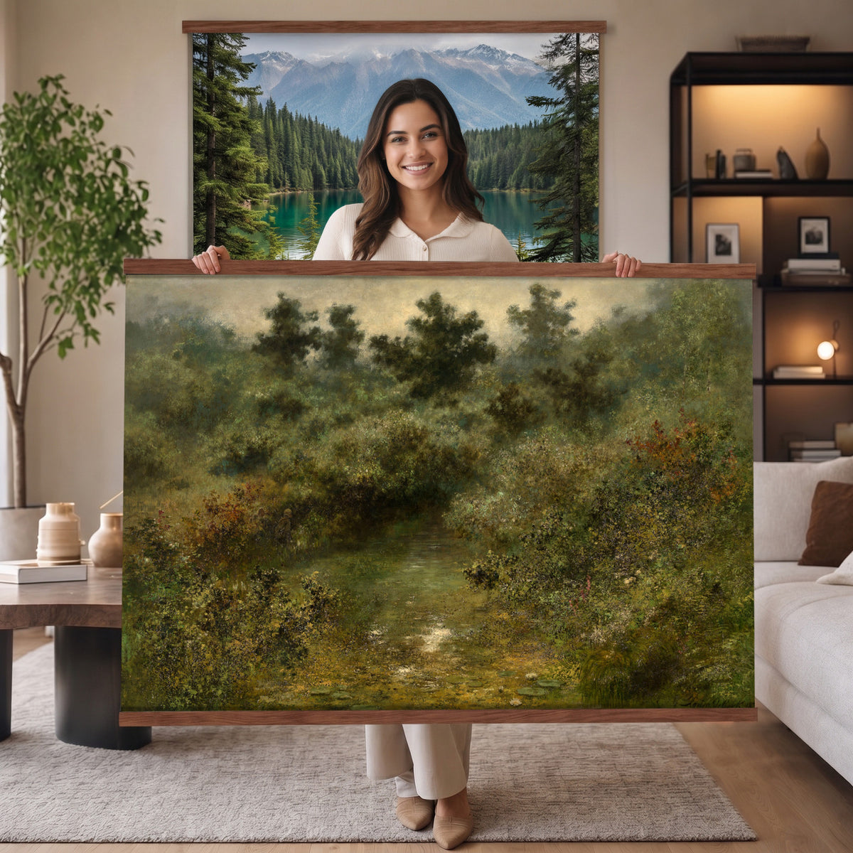 66880646-MGV-TP-30X20 - Barbizon oil painting tapestry wall hanging of "By the Brook" by Xavier De Cock, showing a shaded brook winding through dense woodland, with a small hidden figure resting among the trees in dark layered forest greens with warm brown earth and pale water light. Extra large wall art, made in the USA.