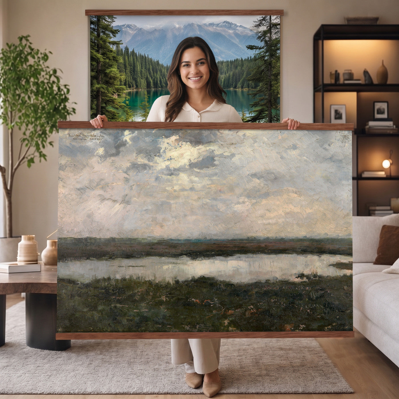 57830037-MGV-TP-30X20 - Neo Impressionism oil painting tapestry wall hanging of "Pool in the Kempen" by Theo van Rysselberghe, showing a still heath pool in the Campine, ringed by low scrub and slender birches under a soft northern sky in cool blue-green water with pale heath grasses and slim birch trunks. Extra large wall art, made in the USA.