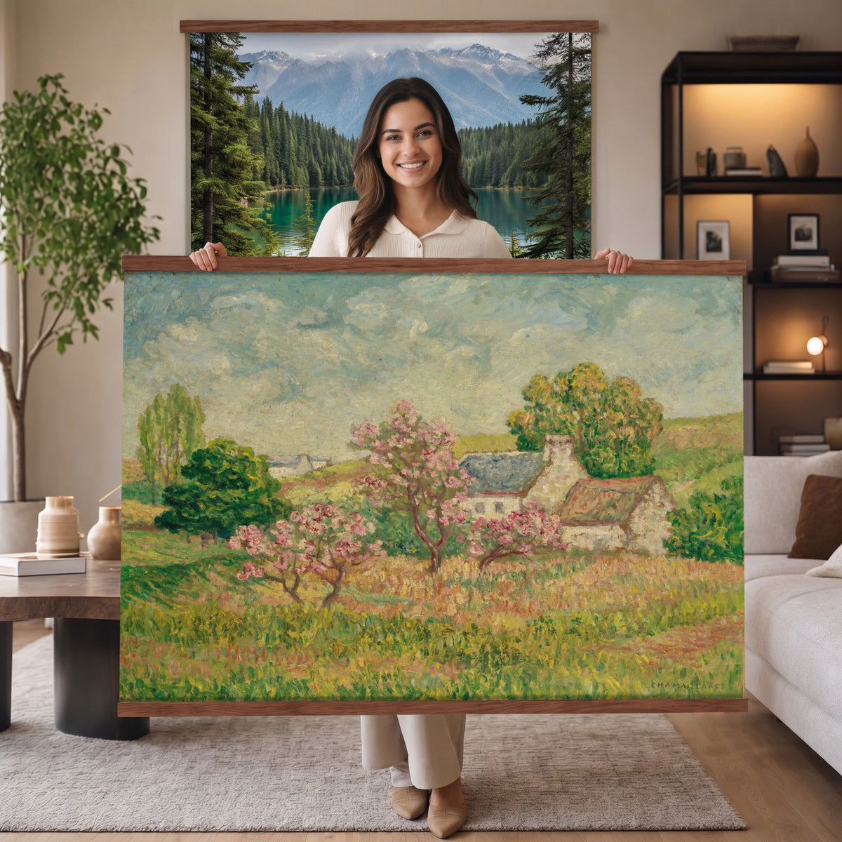 67494912-MGV-TP-30X20 - Post Impressionism oil painting tapestry wall hanging of "Spring" by Ernest de Chamaillard, showing a stone Breton cottage behind a blossoming tree in full pink bloom, with a bright spring garden around it in soft pink blossoms against grey stone walls and new spring green. Extra large wall art, made in the USA.