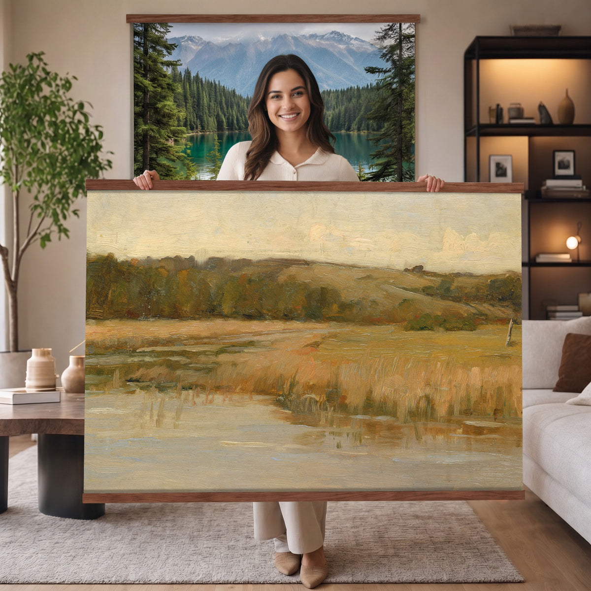94353895-MGV-TP-30X20 - Tonalism oil painting tapestry wall hanging of "Hill and Marshland" by Charles Harold Davis, showing a low marsh threaded with still water channels, tall reeds, and a rounded hill under a wide luminous sky in muted marsh greens and browns under a wide pale luminous sky. Extra large wall art, made in the USA.