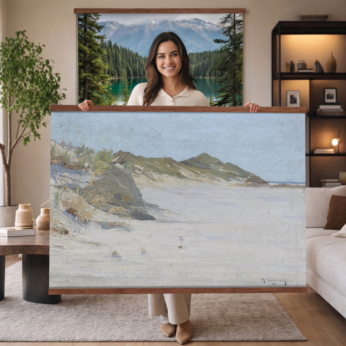 74023087-MGV-TP-30X20 - Impressionism oil painting tapestry wall hanging of "Beach Dunes" by Max Clarenbach, showing low rolling sand dunes topped with pale beach grass, opening toward a quiet sea under a wide soft sky in pale sand tones and dune grass under a wide soft blue-grey sky. Extra large wall art, made in the USA.