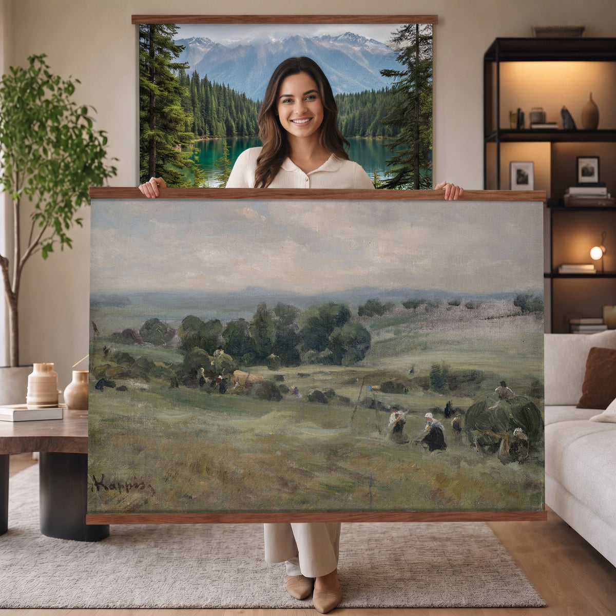 98563887-MGV-TP-30X20 - Realism oil painting tapestry wall hanging of "Heuernte" by Albert Kappis, showing farmworkers gathering hay in a wide summer field, with loaded carts, tall stacks, and a warm open sky in warm golden hay tones with green field edges under a bright summer sky. Extra large wall art, made in the USA.