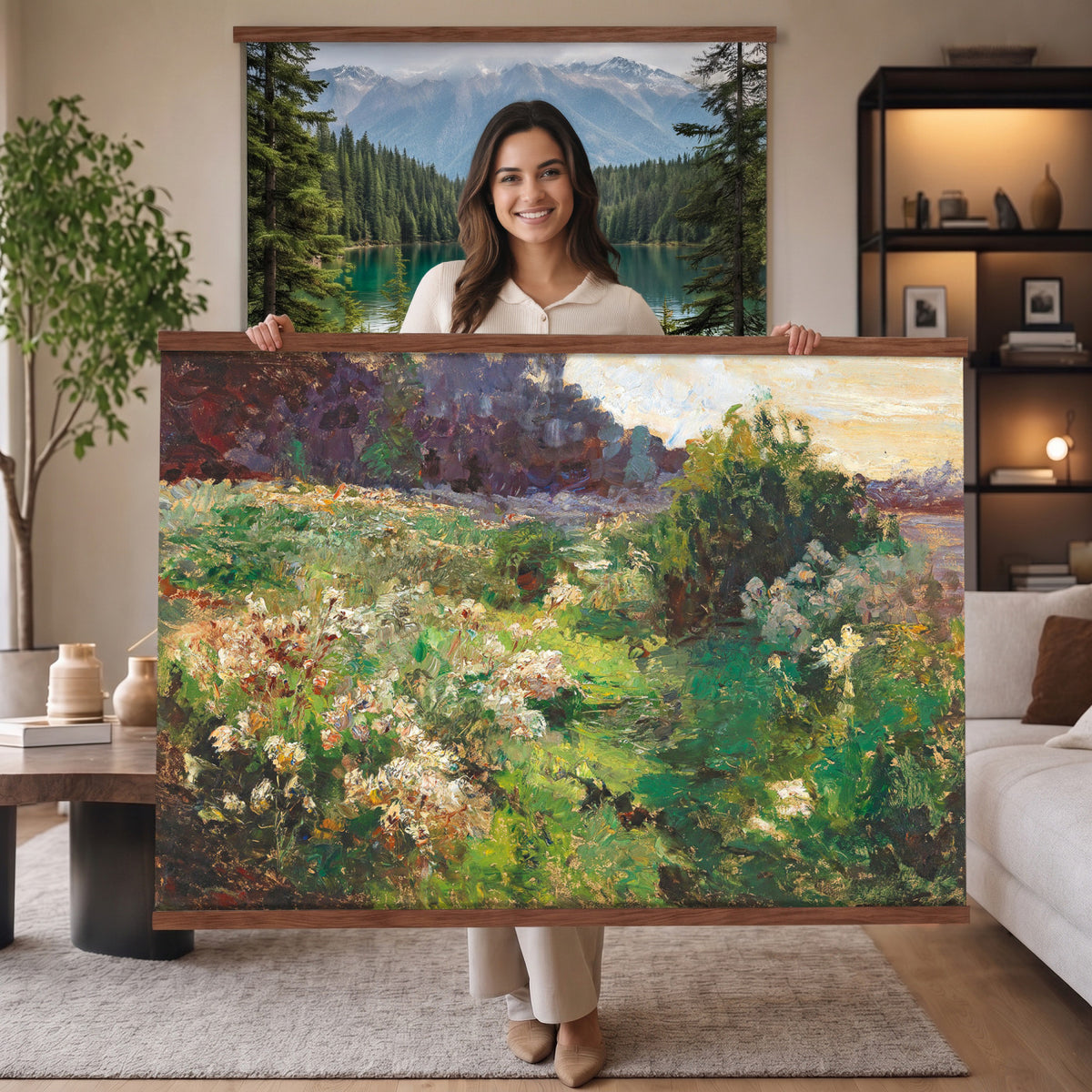 44961601-MGV-TP-30X20 - Impressionism oil painting tapestry wall hanging of "Flowering Meadow" by Olga Wisinger-Florian, showing a bright meadow of white wildflowers and green bushes rising toward a shaded purple hillside in white wildflowers and green bushes under a purple forest hillside. Extra large wall art, made in the USA.