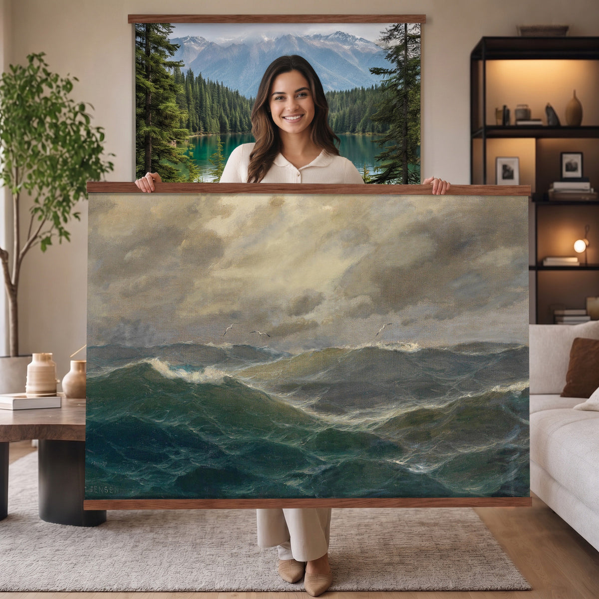 93539190-MGV-TP-30X20 - Realism oil painting tapestry wall hanging of "Stormy Sea" by Alfred Jensen, showing heavy breaking waves rolling under a dark storm sky, with white foam catching the last light on the water in deep grey-green waves with white foam under a heavy storm sky. Extra large wall art, made in the USA.