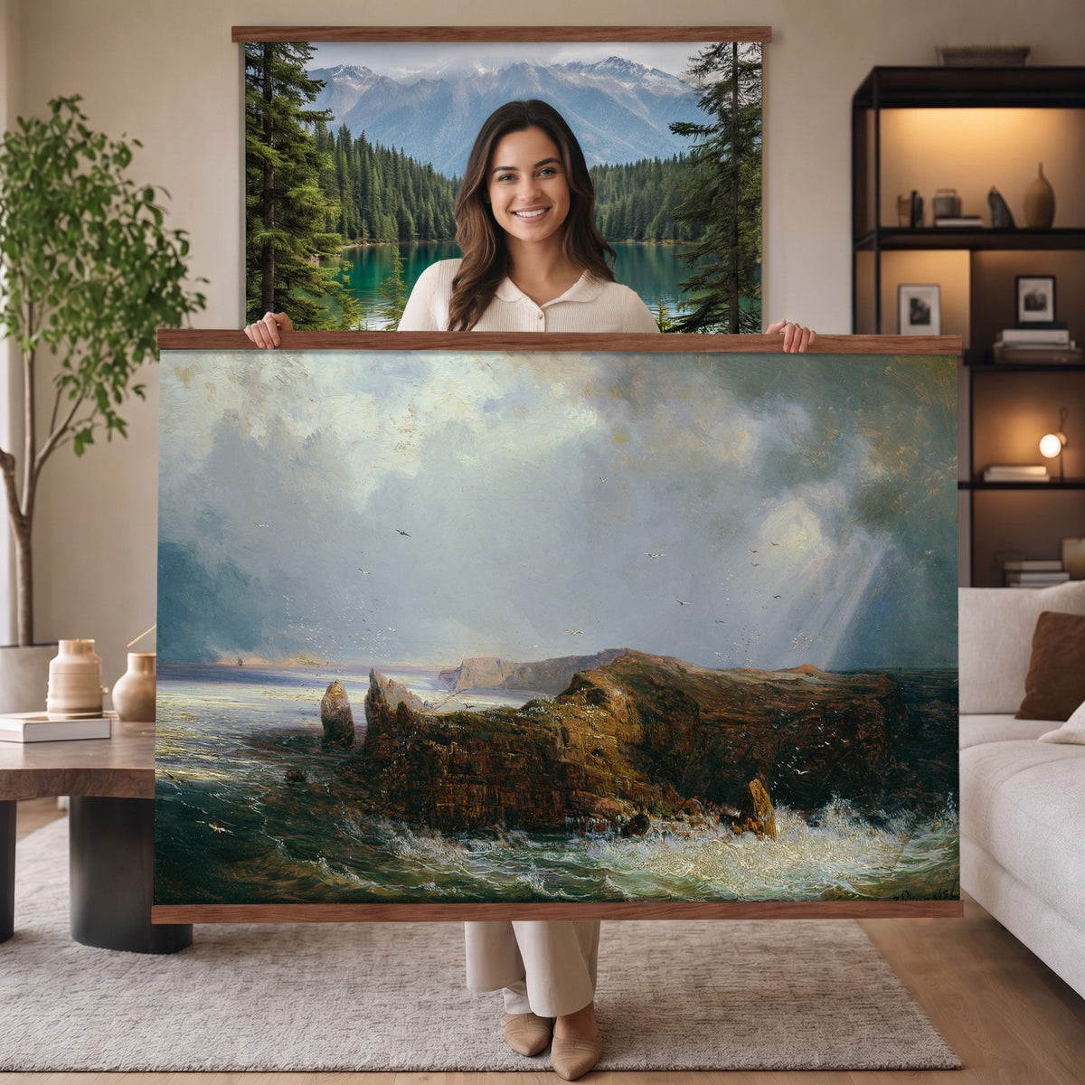 14088110-MGV-TP-30X20 - Romanticism oil study tapestry wall hanging of "Die Insel St Paul" by Joseph Selleny, showing the volcanic island of Saint Paul rising from a restless Indian Ocean, with breaking surf against dark rock walls in dark volcanic rock and grey-green ocean swells under a stormy sky. Extra large wall art, made in the USA.