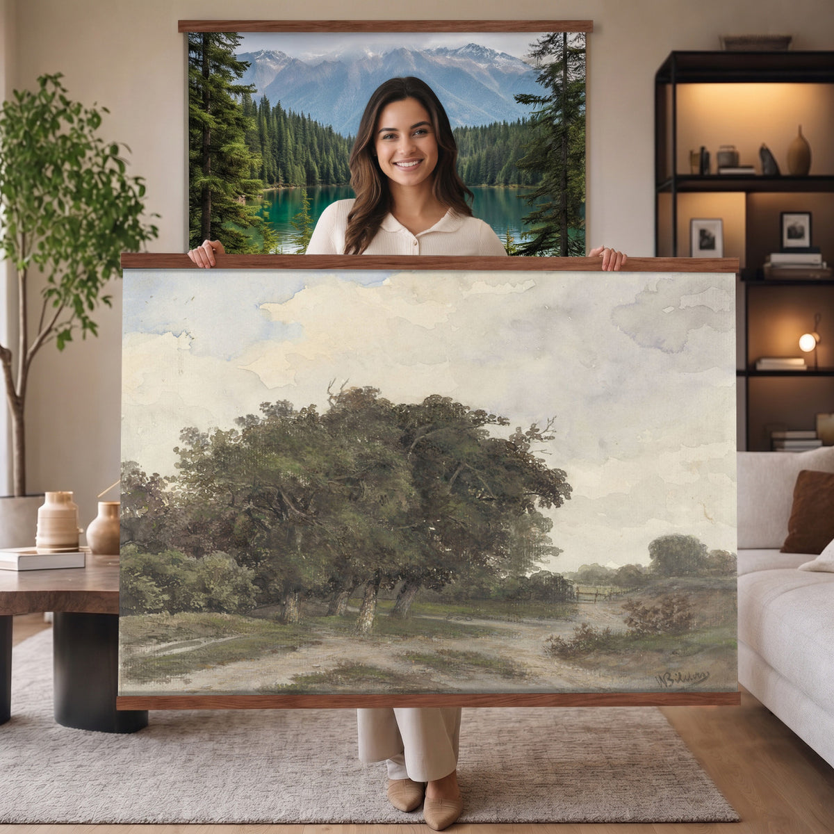 73613327-MGV-TP-30X20 - Realism oil painting tapestry wall hanging of "Landscape with Trees" by Johannes Warnardus Bilders, showing tall old trees along a quiet woodland path, with dappled light falling through the canopy onto open ground in warm brown trunks and layered green foliage under a soft grey sky. Extra large wall art, made in the USA.