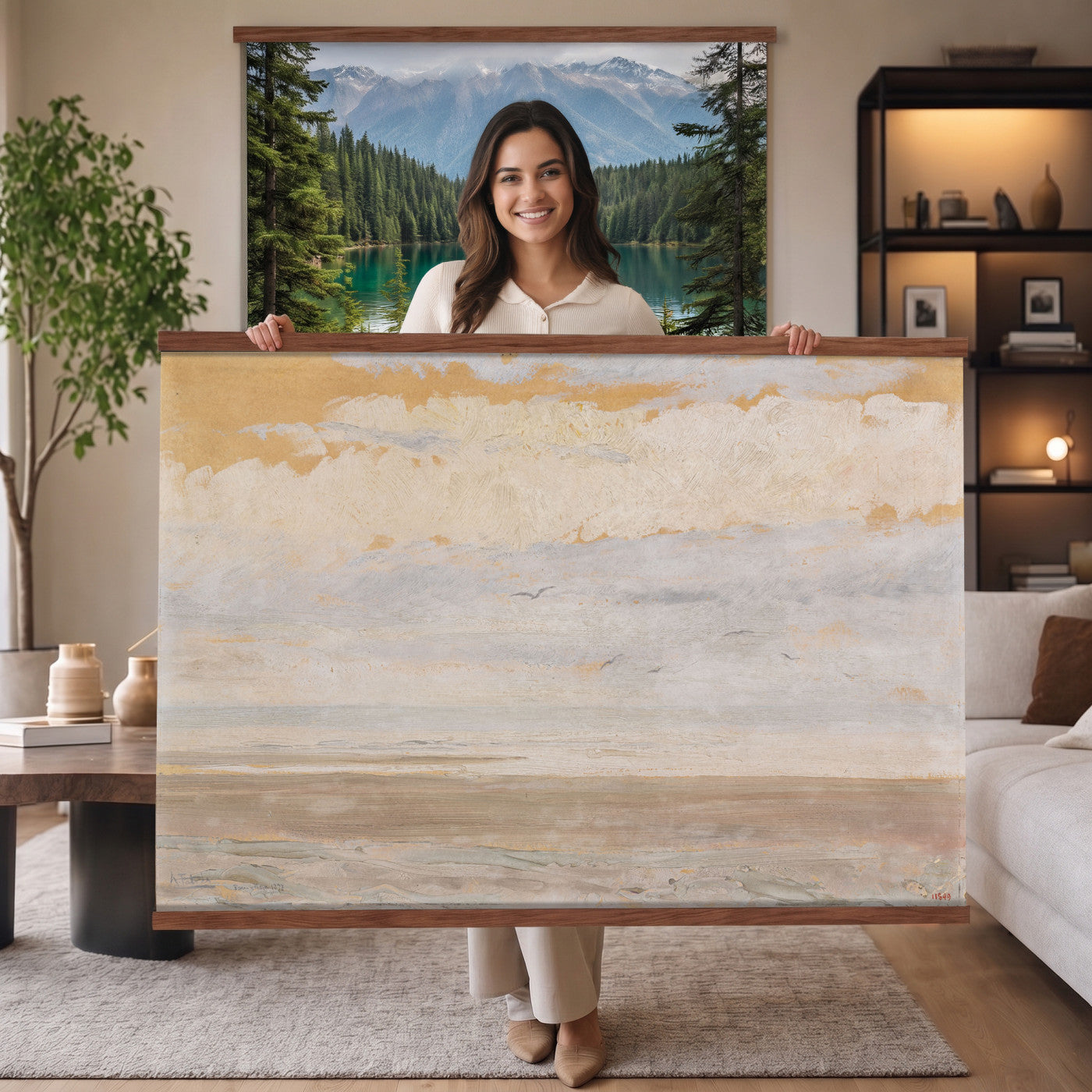 84110612-MGV-TP-30X20 - Art Nouveau pastel study tapestry wall hanging of "The Immensity" by Antoni Fabres, showing a wide empty shoreline meeting a soft pastel sky, with slow drifting clouds and a barely visible horizon line in pale pink, cream, and soft blue cloud tones over a quiet shore. Extra large wall art, made in the USA.