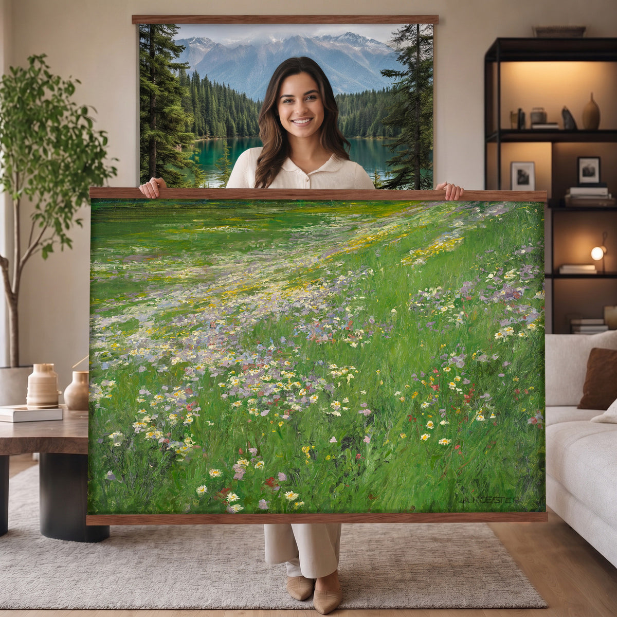 63535040-MGV-TP-30X20 - Impressionism oil painting tapestry wall hanging of "Wildflower Meadow", showing a wide meadow of daisies and summer wildflowers, painted in quick color strokes under warm open light in white daisies and yellow blooms across fresh green grass. Extra large wall art, made in the USA.
