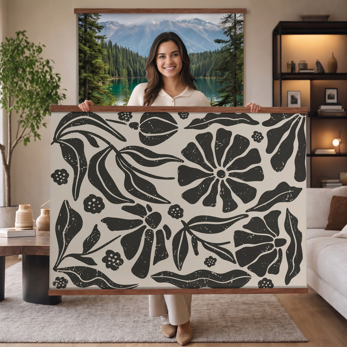 21342917-MGV-TP-30X20 - Mid Century Modern linocut print tapestry wall hanging of "Abstract Floral Linocut", showing simplified flower heads and stems cut into bold black shapes against clean white space in bold black shapes on a bright white ground. Extra large wall art, made in the USA.