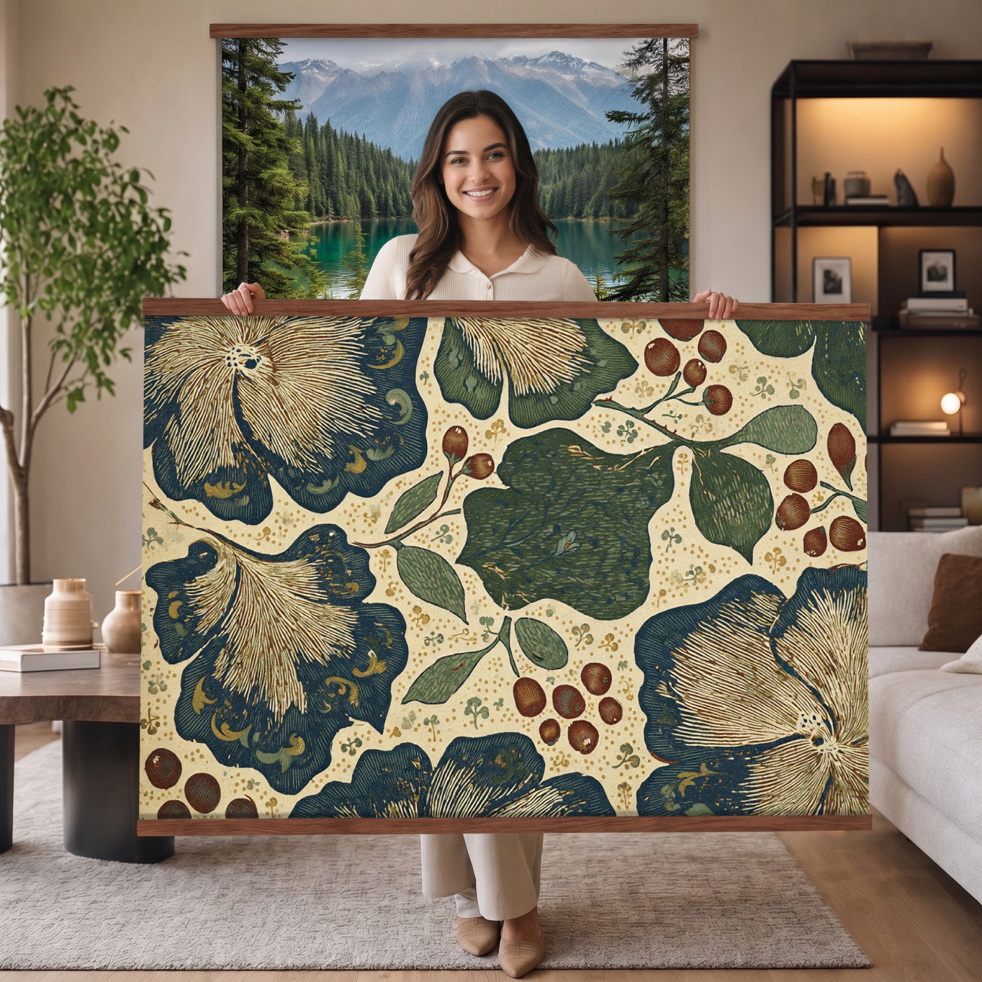 92325062-MGV-TP-30X20 - Art Nouveau pattern design tapestry wall hanging of "Sage Botanical Pattern" by William Morris, showing sage green stems, open flowers and layered foliage repeating in a balanced botanical weave in sage and olive green with soft cream botanical linework. Extra large wall art, made in the USA.