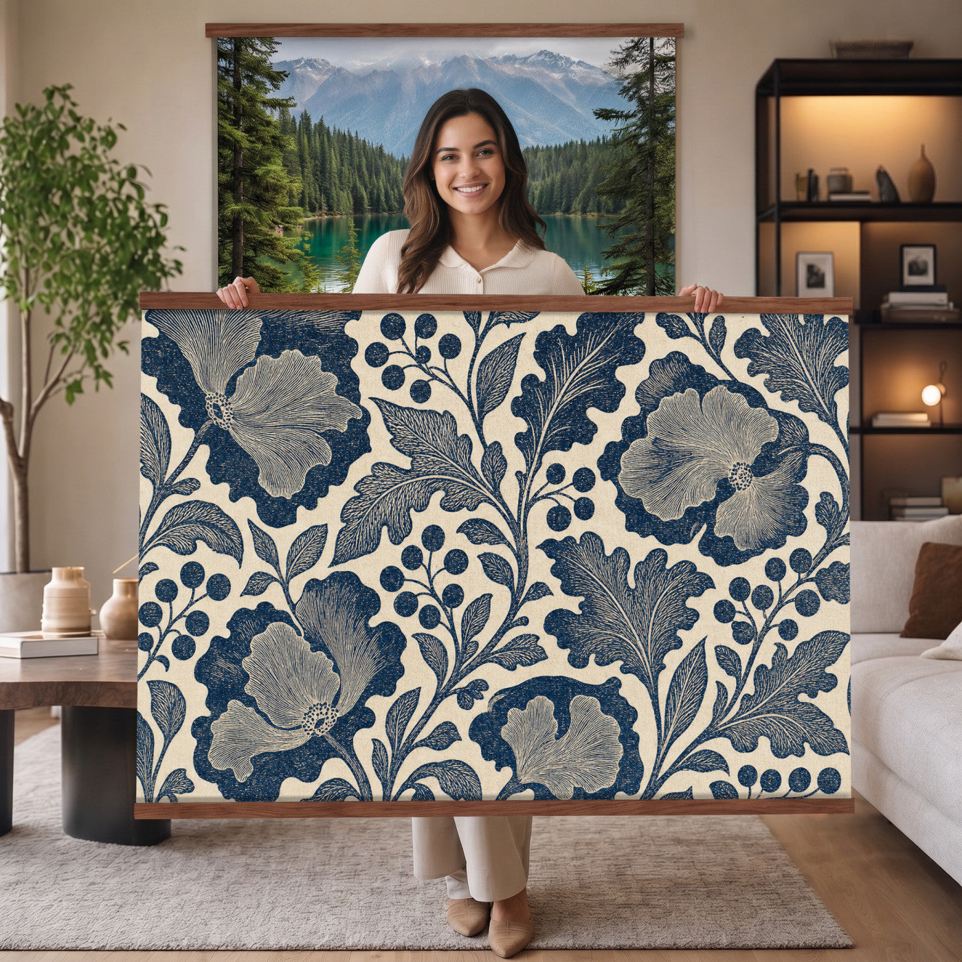 97130377-MGV-TP-30X20 - Art Nouveau pattern design tapestry wall hanging of "Indigo Botanical Pattern" by William Morris, showing trailing indigo stems, open blossoms and curling leaves repeating across the full width in deep indigo and cobalt blue with soft cream linework. Extra large wall art, made in the USA.