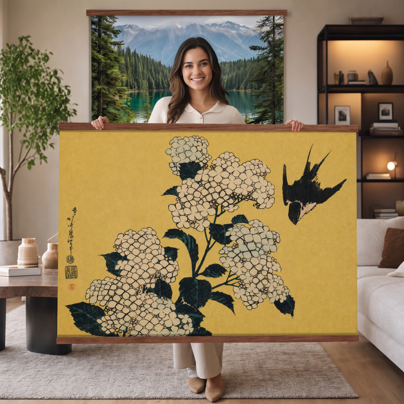 24787197-MGV-TP-30X20 - Ukiyo-e woodblock print tapestry wall hanging of "Hydrangea and Swallow" by Katsushika Hokusai, showing a swallow in flight above a full hydrangea head, drawn with the precise line of Japanese woodblock in soft blue hydrangea blooms with warm gold ground. Extra large wall art, made in the USA.