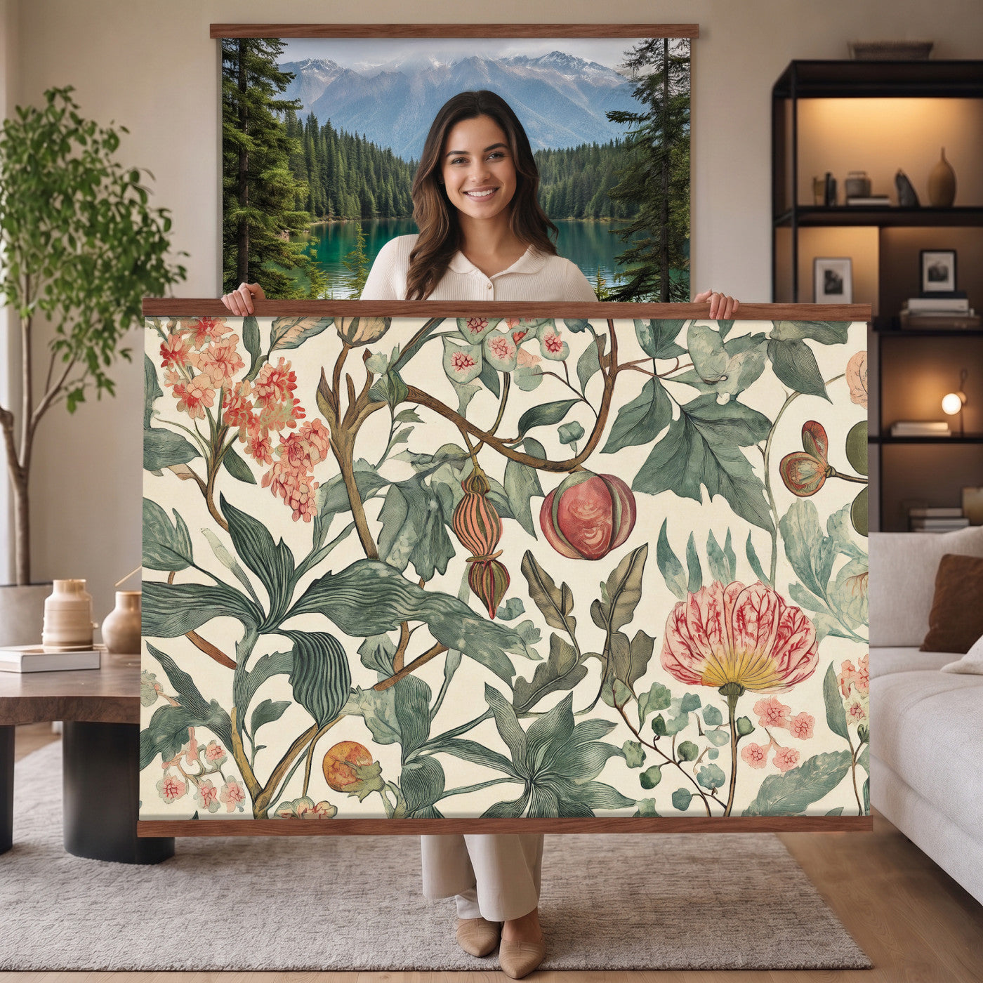 67322868-MGV-TP-30X20 - Art Nouveau pattern design tapestry wall hanging of "Pomegranate Botanical Pattern" by William Morris, showing a repeating weave of pomegranates, open blossoms and curling acanthus leaves in perfect balance in warm ruby fruit and deep green foliage on a cream ground. Extra large wall art, made in the USA.