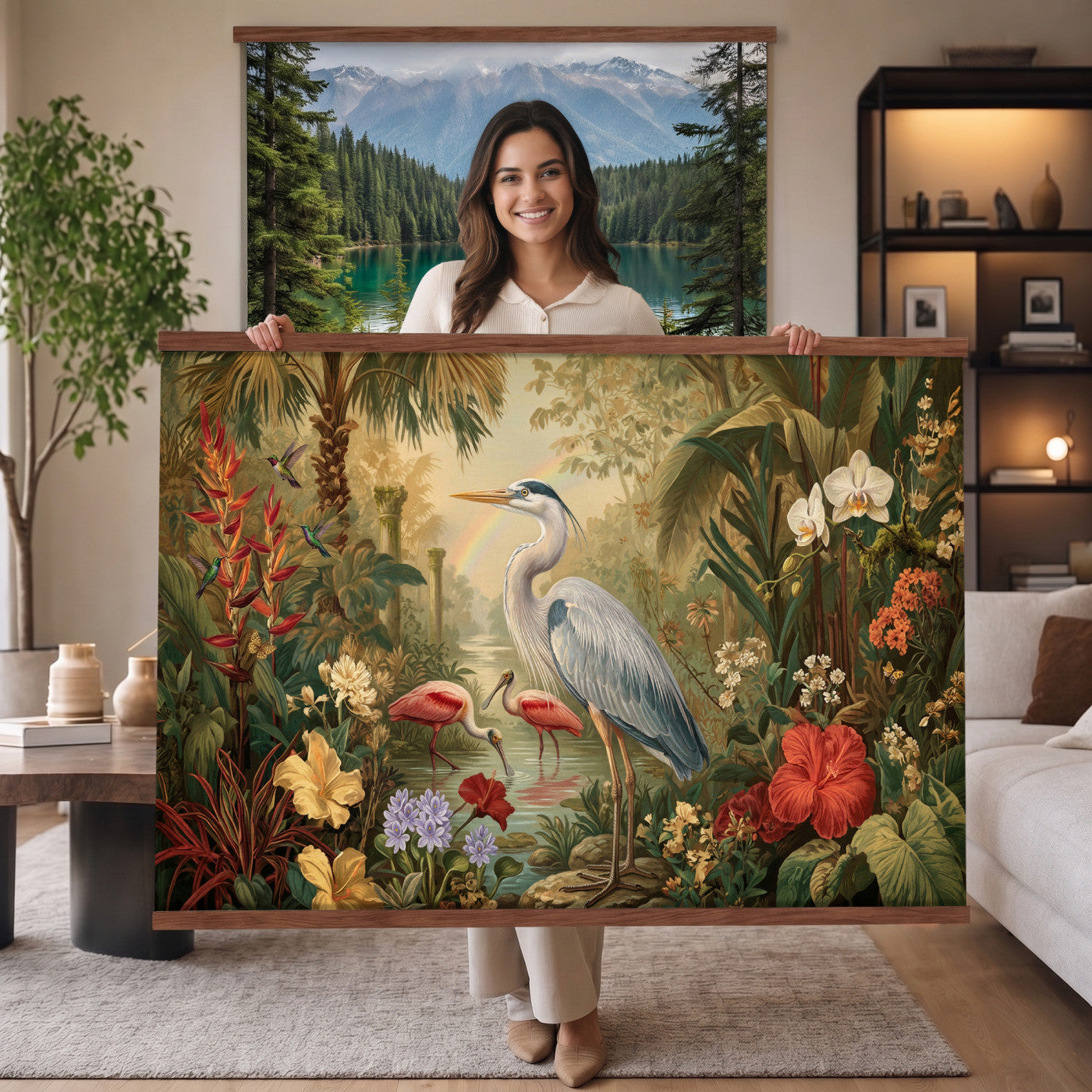 20081183-MGV-TP-30X20 - Botanical botanical illustration tapestry wall hanging of "Great Blue Heron in the Jungle", showing a great blue heron standing among hibiscus blooms, palm fronds and dense tropical foliage in deep jungle greens with red hibiscus and soft blue heron plumage. Extra large wall art, made in the USA.