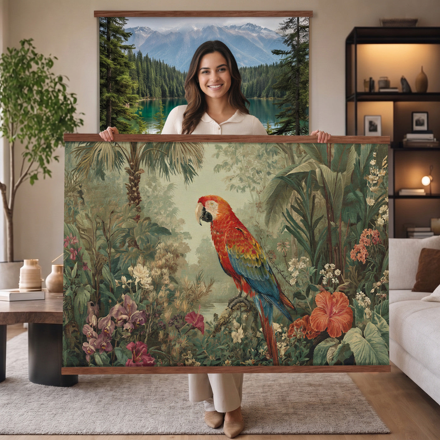 75232040-MGV-TP-30X20 - Botanical botanical illustration tapestry wall hanging of "Scarlet Macaw in the Jungle", showing a scarlet macaw perched among hibiscus flowers, palm leaves and thick rainforest growth in bright scarlet and gold plumage against deep jungle green. Extra large wall art, made in the USA.