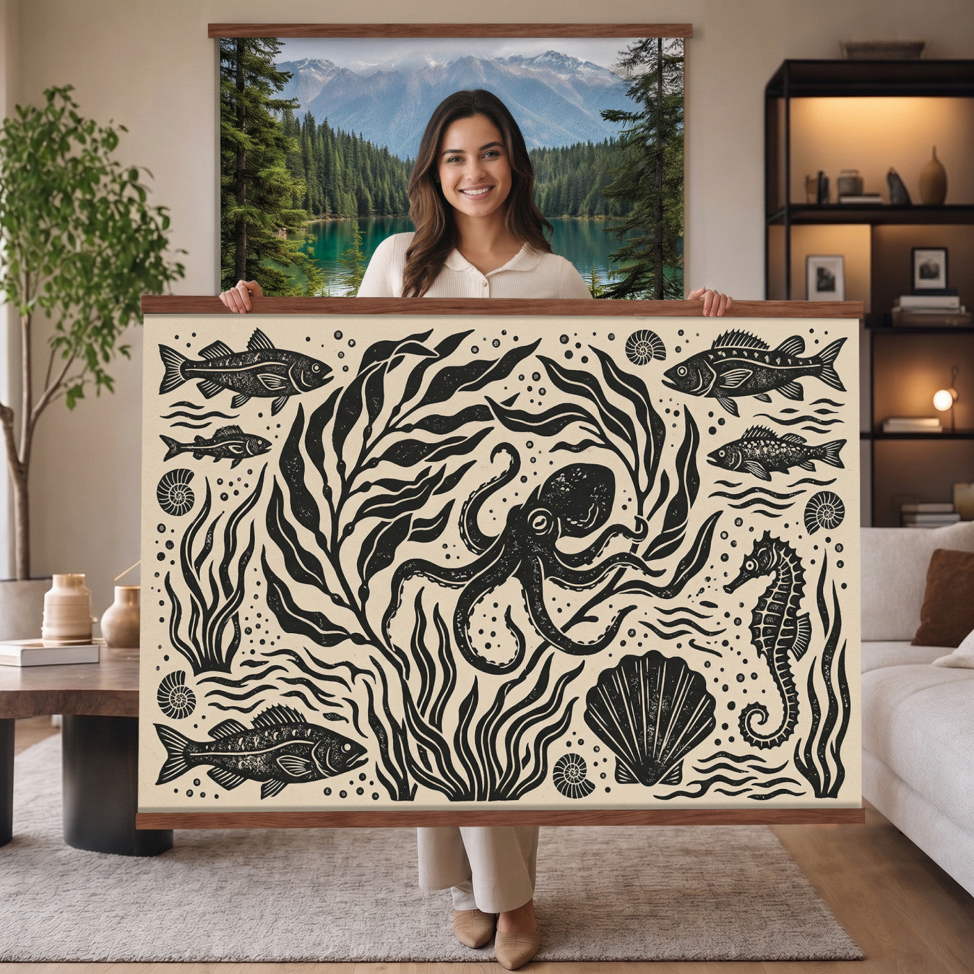 75988079-MGV-TP-30X20 - Folk Art linocut print tapestry wall hanging of "Ocean Life Panel", showing an octopus, seahorses, shells and curling waves cut into bold black and white folk art shapes in bold black linocut shapes on a cream ground. Extra large wall art, made in the USA.
