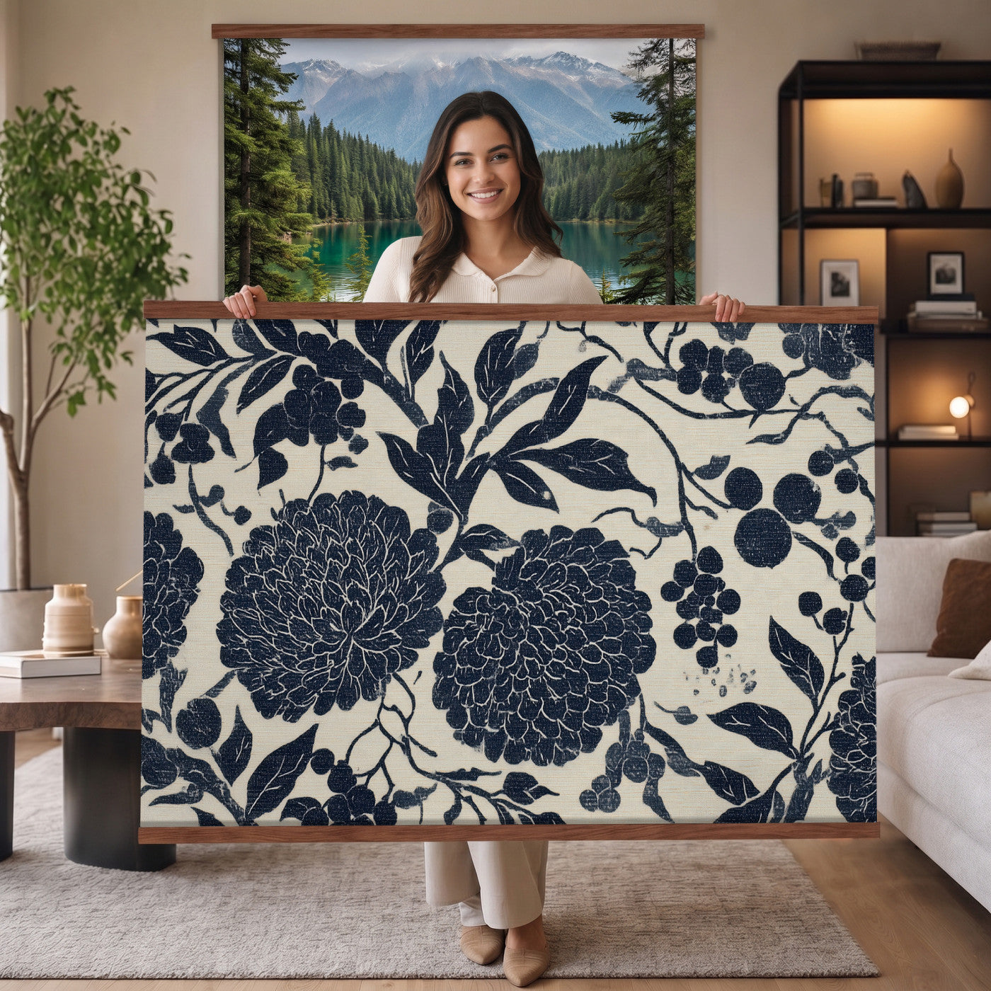 42507419-MGV-TP-30X20 - Chinoiserie ink block print tapestry wall hanging of "Chinoiserie Peony and Chrysanthemum Panel", showing peonies and chrysanthemums layered across a soft grey field, drawn in muted black line in black and soft grey linework on a warm neutral ground. Extra large wall art, made in the USA.