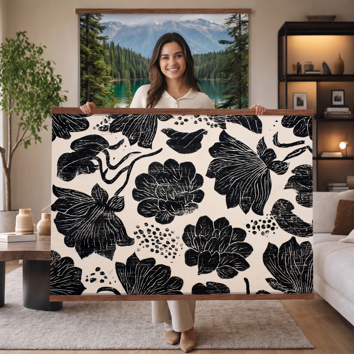 91793867-MGV-TP-30X20 - Chinoiserie ink block print tapestry wall hanging of "Chinoiserie Lotus Panel", showing open lotus flowers and broad water lily pads rising on tall stems, cut in bold black and white in deep black lotus linework on a soft white ground. Extra large wall art, made in the USA.