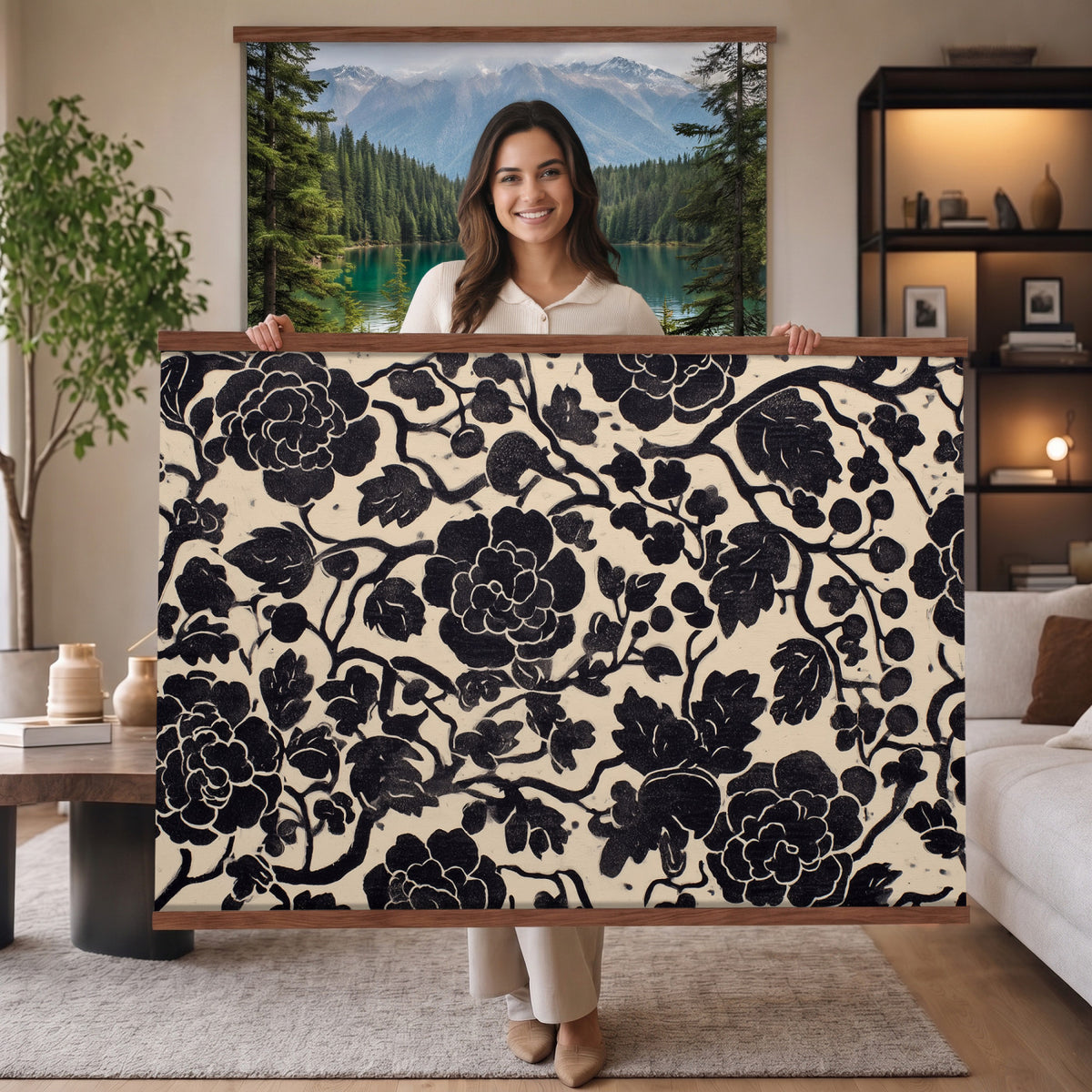 18660803-MGV-TP-30X20 - Chinoiserie ink block print tapestry wall hanging of "Chinoiserie Peony Panel", showing full peony blooms, curling stems and layered leaf work drawn in fine black line on a pale ground in deep black linework on a soft white ground. Extra large wall art, made in the USA.
