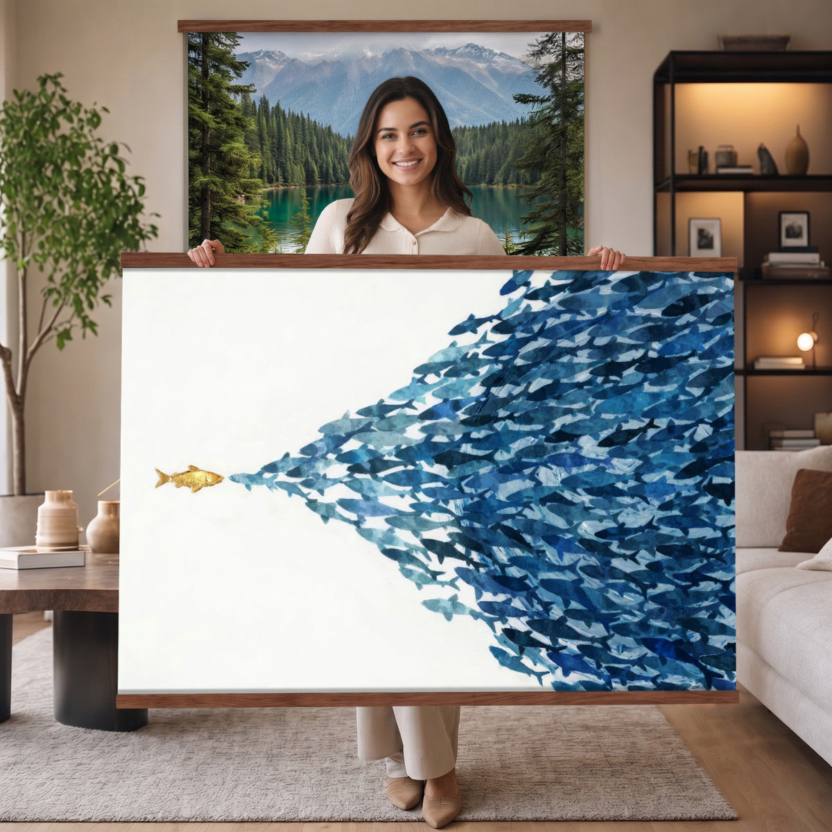 79089639TT-MGV-TP-30X20 - Abstract Blue Fish School Canvas Wall Art, Gold Foil Accent Marine Print