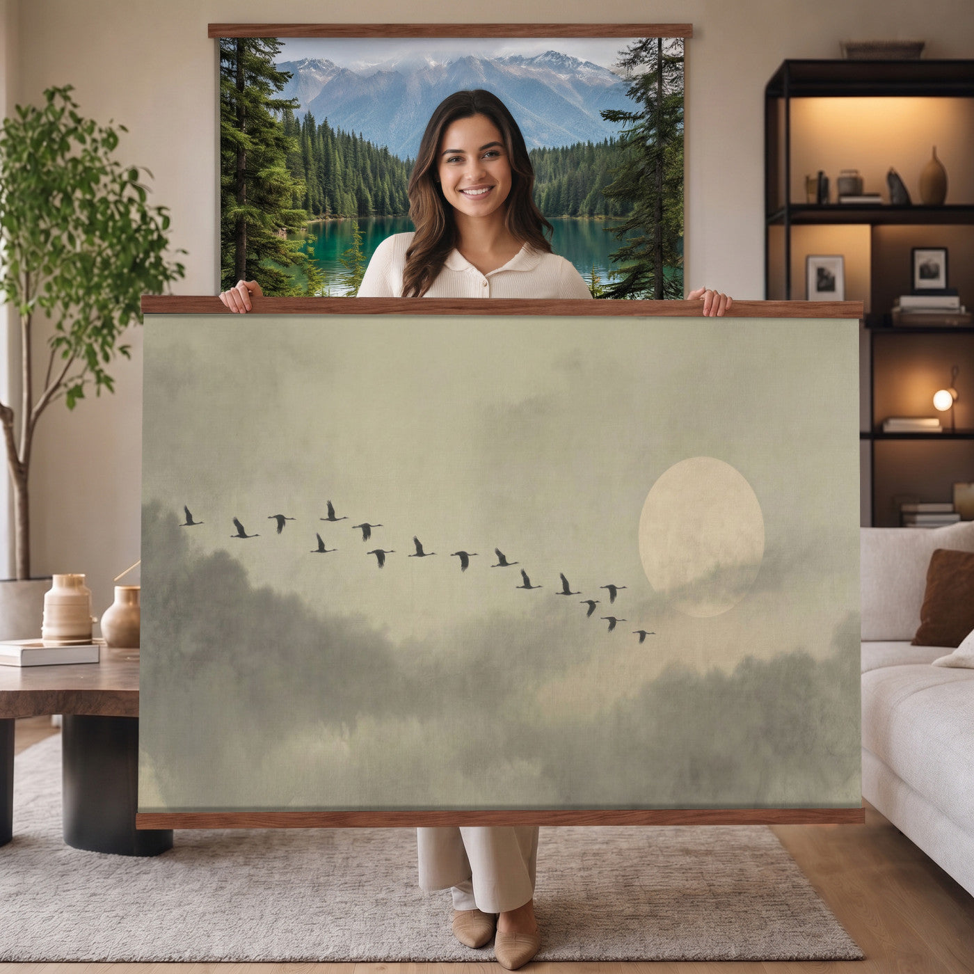1209814BT-MGV-TP-30X20 - Flying Cranes Tapestry Wall Art, Misty Landscape with Moon, Sage Green Japandi Decor, Framed Print
