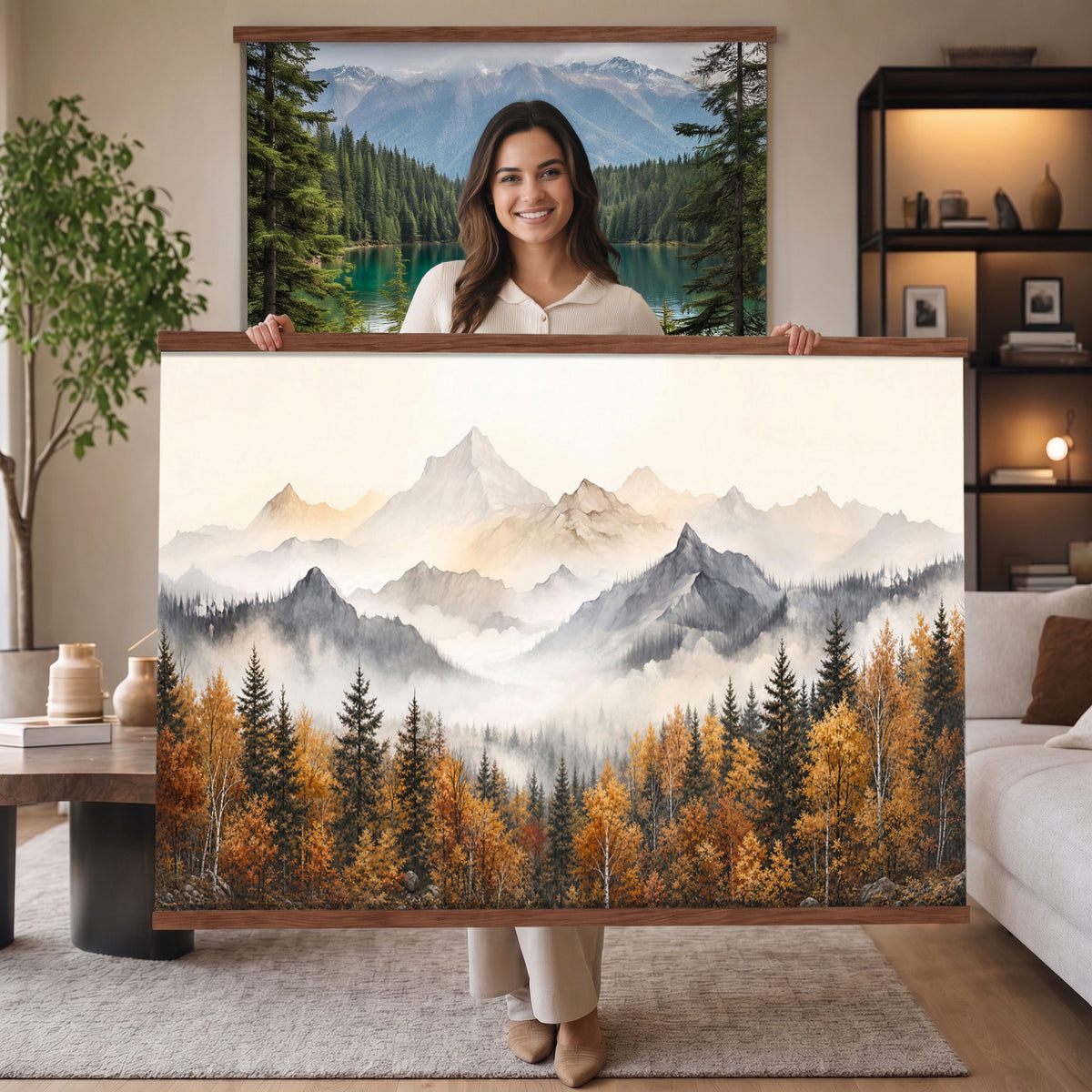 19544118-MGV-TP-30X20 - Misty Mountain Autumn Forest Canvas Wall Art - Watercolor Fall Nature Landscape Print
