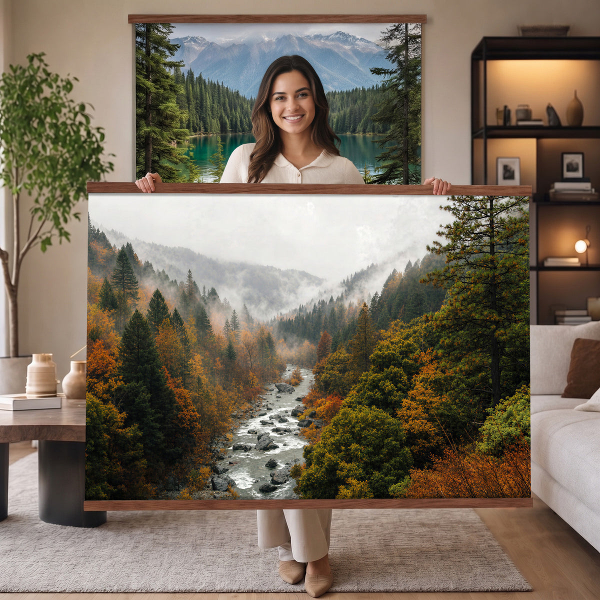 95540697-MGV-TP-30X20 - Misty River Mountain Valley Canvas Wall Art - Autumn Forest Landscape Nature Print