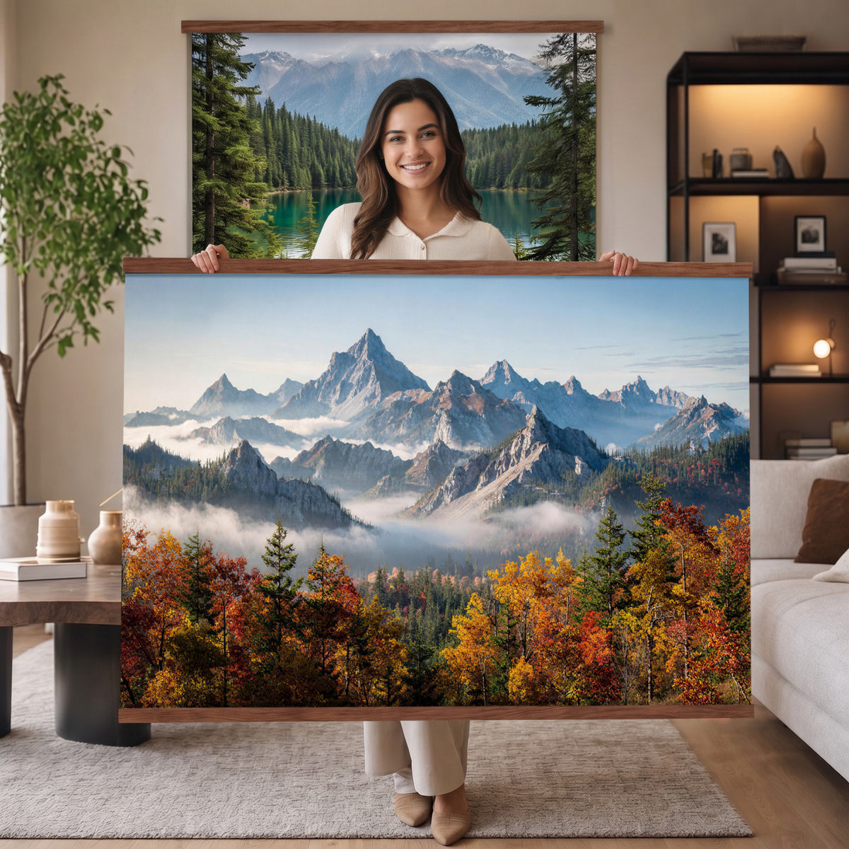 38847944-MGV-TP-30X20 - Majestic Mountain Peak Canvas Wall Art - Panoramic Autumn Forest Fog Landscape Print
