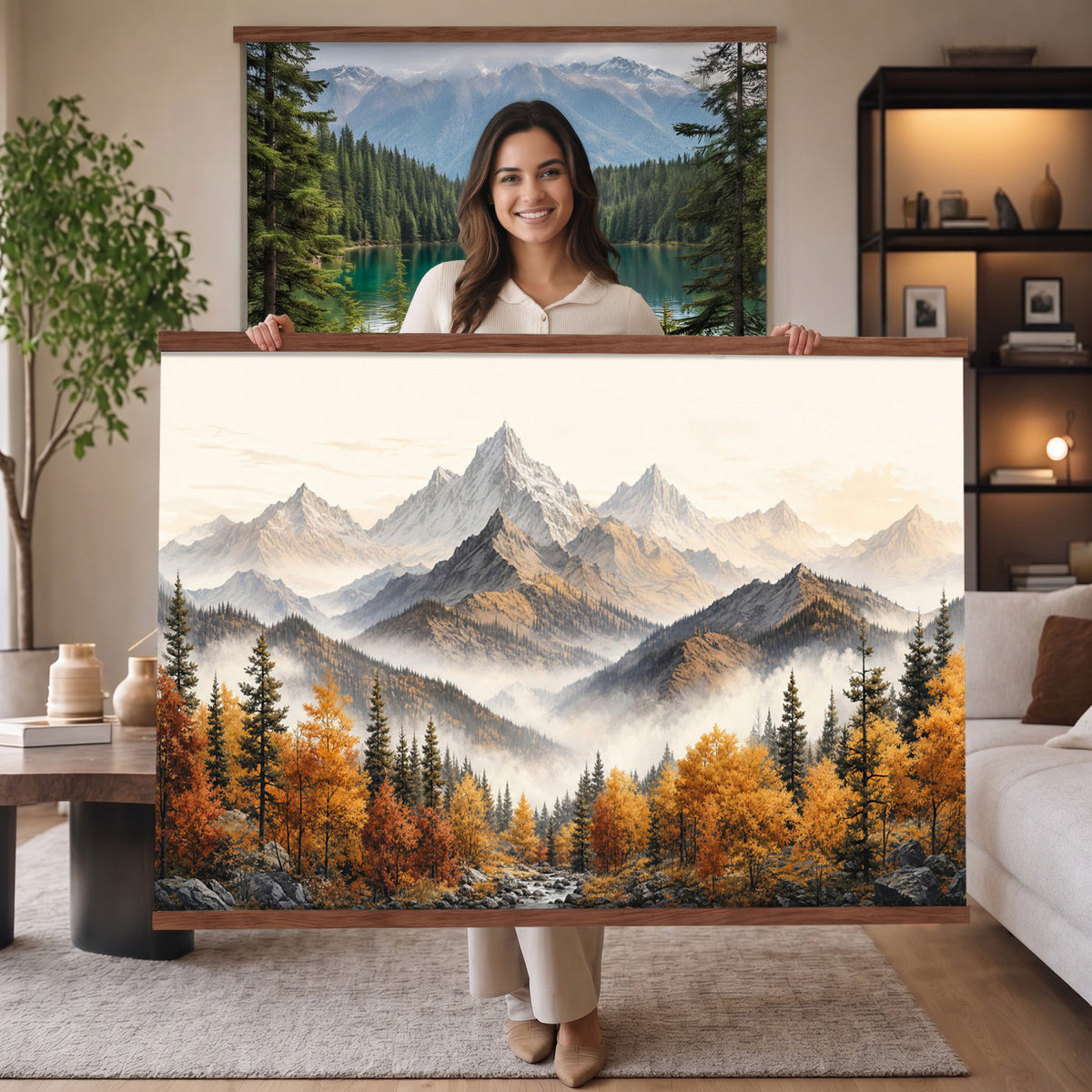 21309099-MGV-TP-30X20 - Extra Large Misty Mountain Autumn Forest Canvas Wall Art - Watercolor Fall Nature Landscape Print