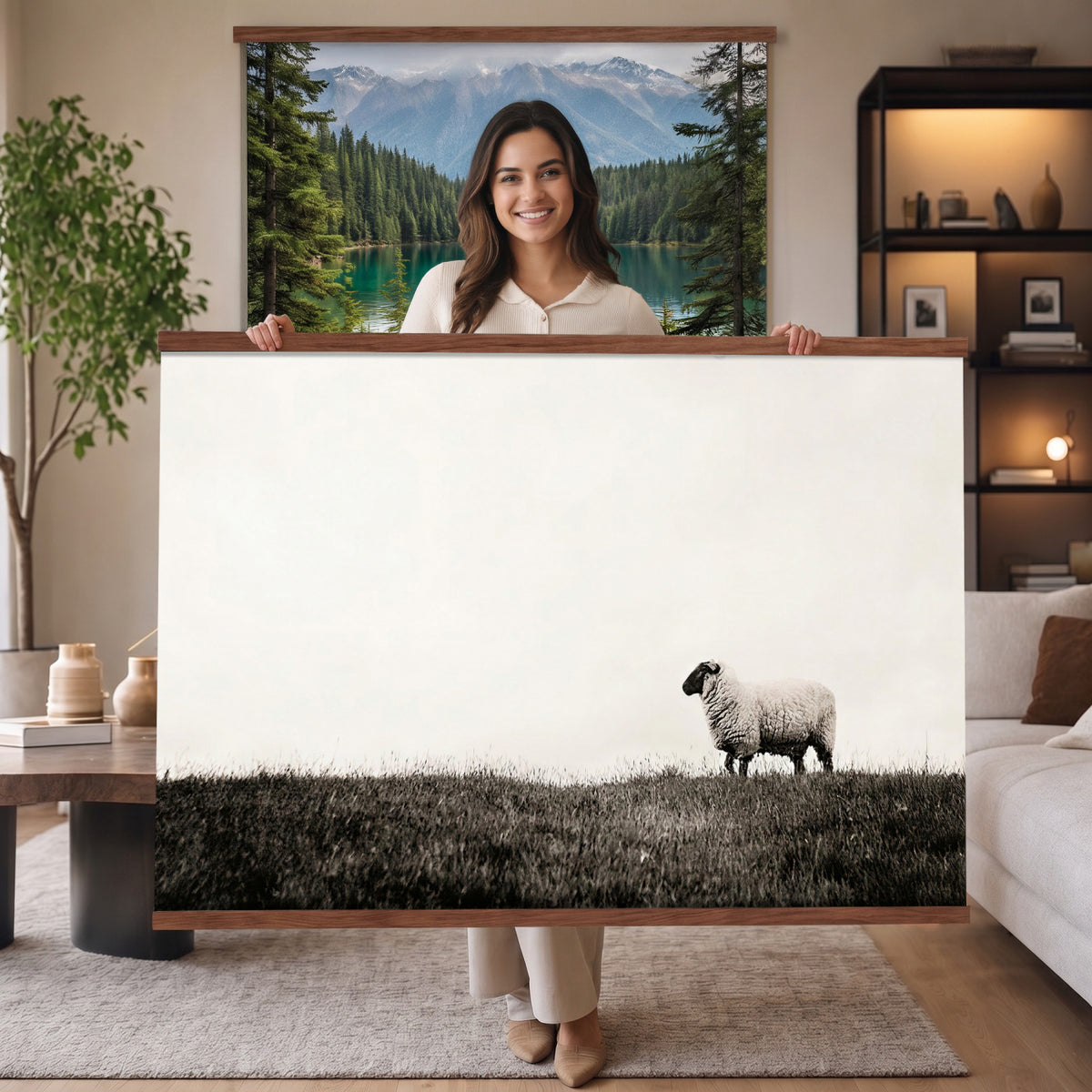 72749448-MGV-TP-30X20 - Minimalist Sepia Sheep Canvas Wall Art - Rustic Farmhouse Country Landscape Print