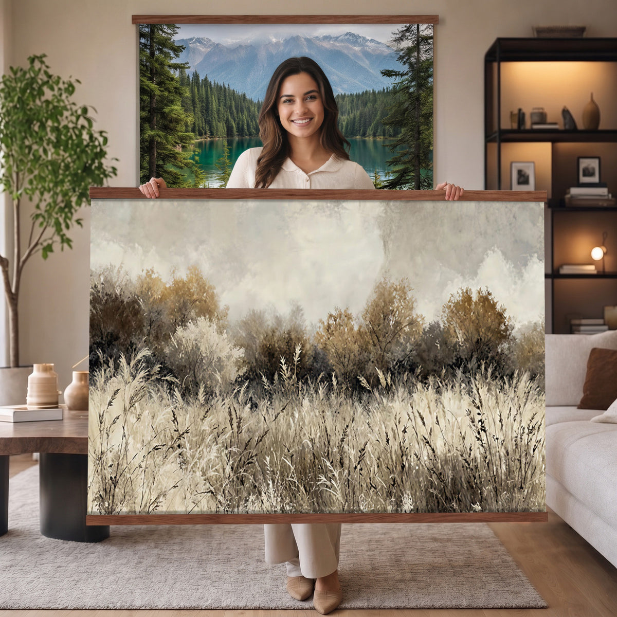 53959945-MGV-TP-30X20 - Muted Neutral Forest Landscape Canvas Wall Art - Vintage Rustic Wildflower Meadow Print
