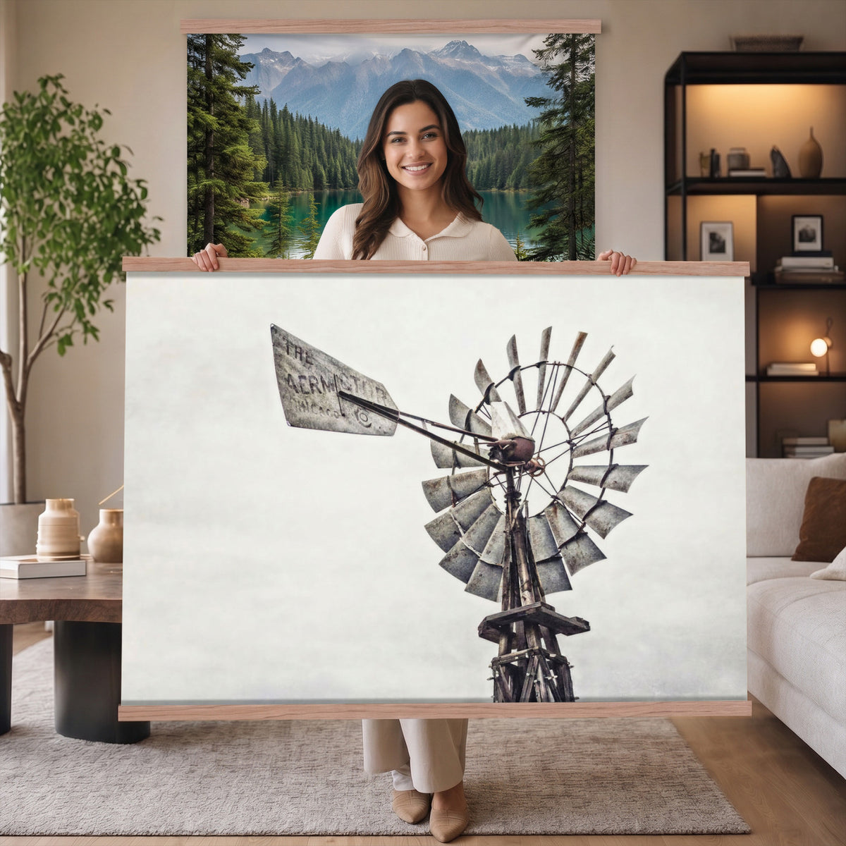 63200638-MGV-TP-30X20 - Vintage Rustic Farmhouse Windmill Canvas Wall Art - Western Country Landscape Print