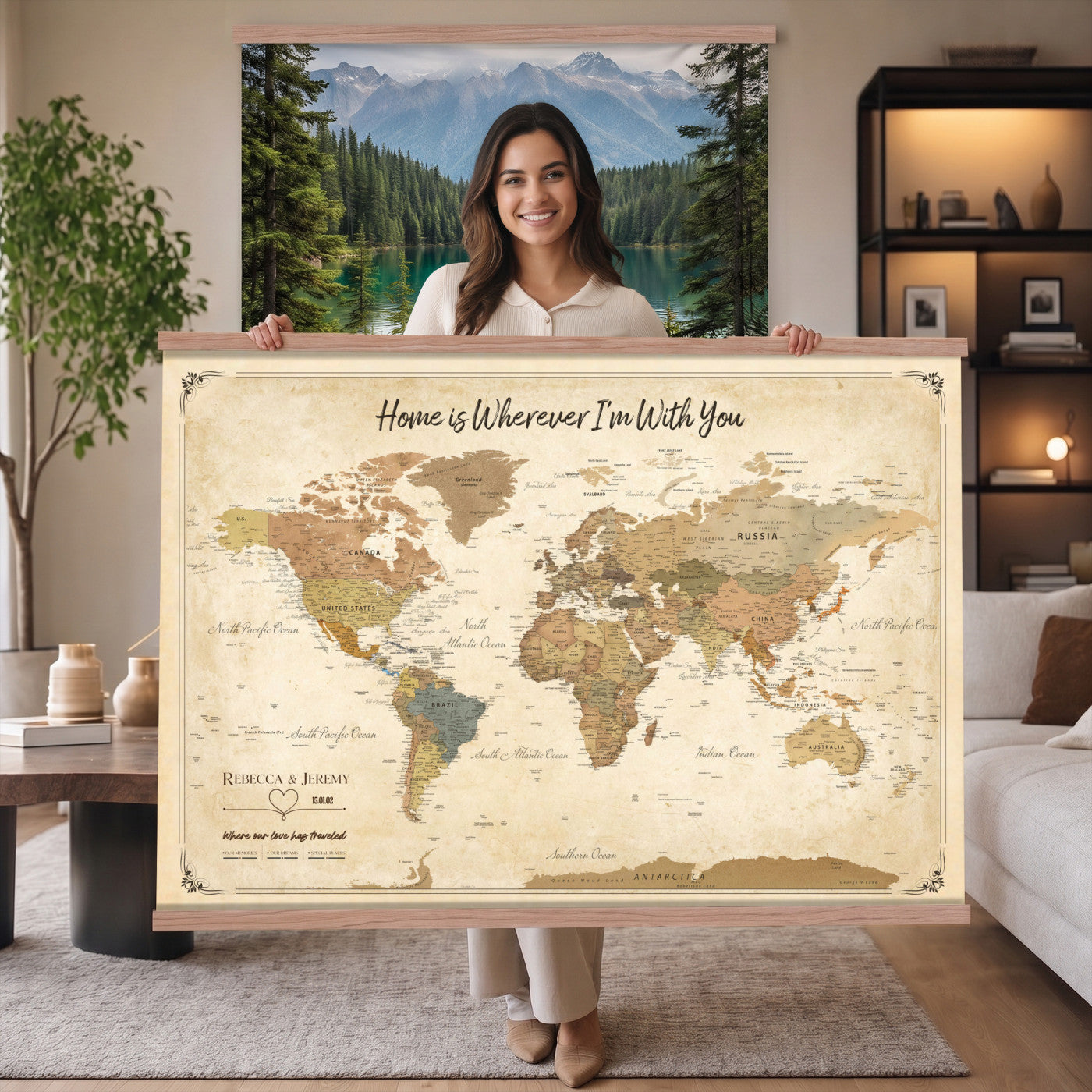 40086165-T-MGV-TP-30X20 - Framed Vintage Custom World Map Tapestry Print - Personalized Travel Map Wall Art Tapestry