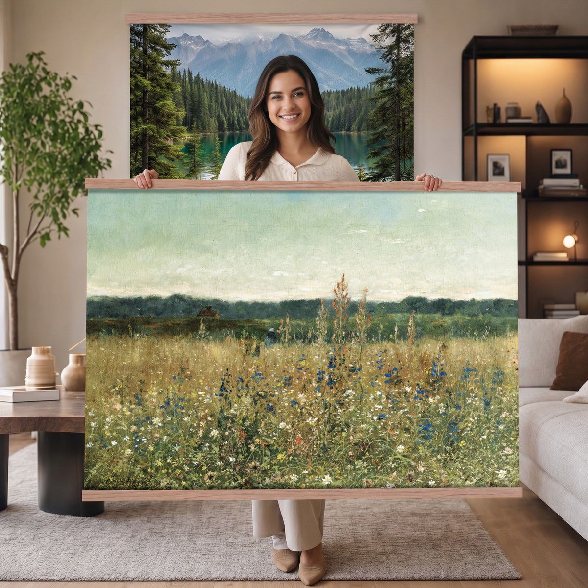 78325586-MGV-TP-30X20 - Realism oil painting tapestry wall hanging of "Champ fleuri" by Antoine Chintreuil, showing a wide flowering field running toward a low horizon, with soft scattered blooms and a pale open sky in soft white and green field tones under a pale luminous sky. Extra large wall art, made in the USA.