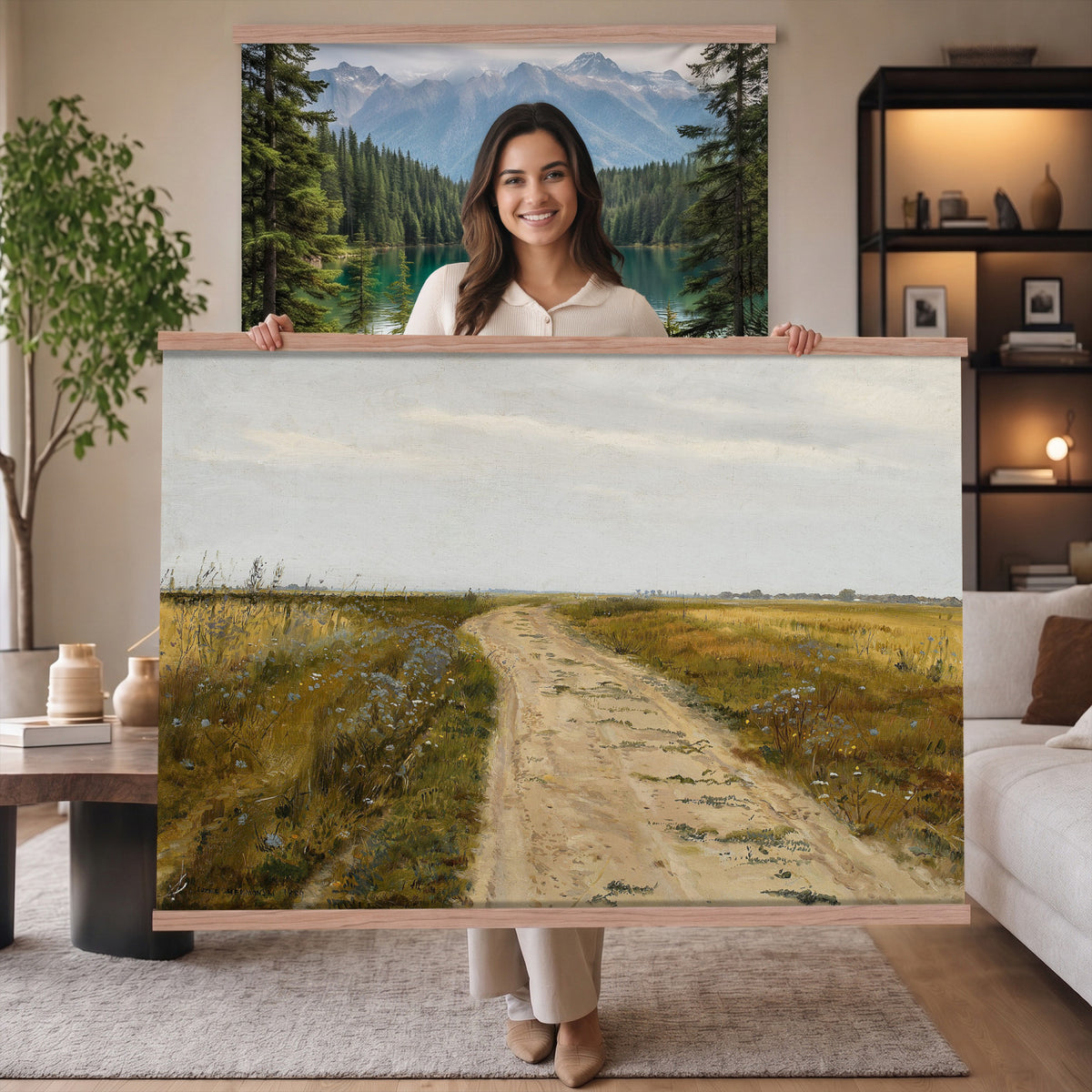 93198256-MGV-TP-30X20 - Realism oil painting tapestry wall hanging of "Field Track" by Jozef Chelmonski, showing a rutted dirt track cutting through open meadow grass toward a low horizon and a wide country sky in warm earth track tones with green meadow grass under a broad sky. Extra large wall art, made in the USA.