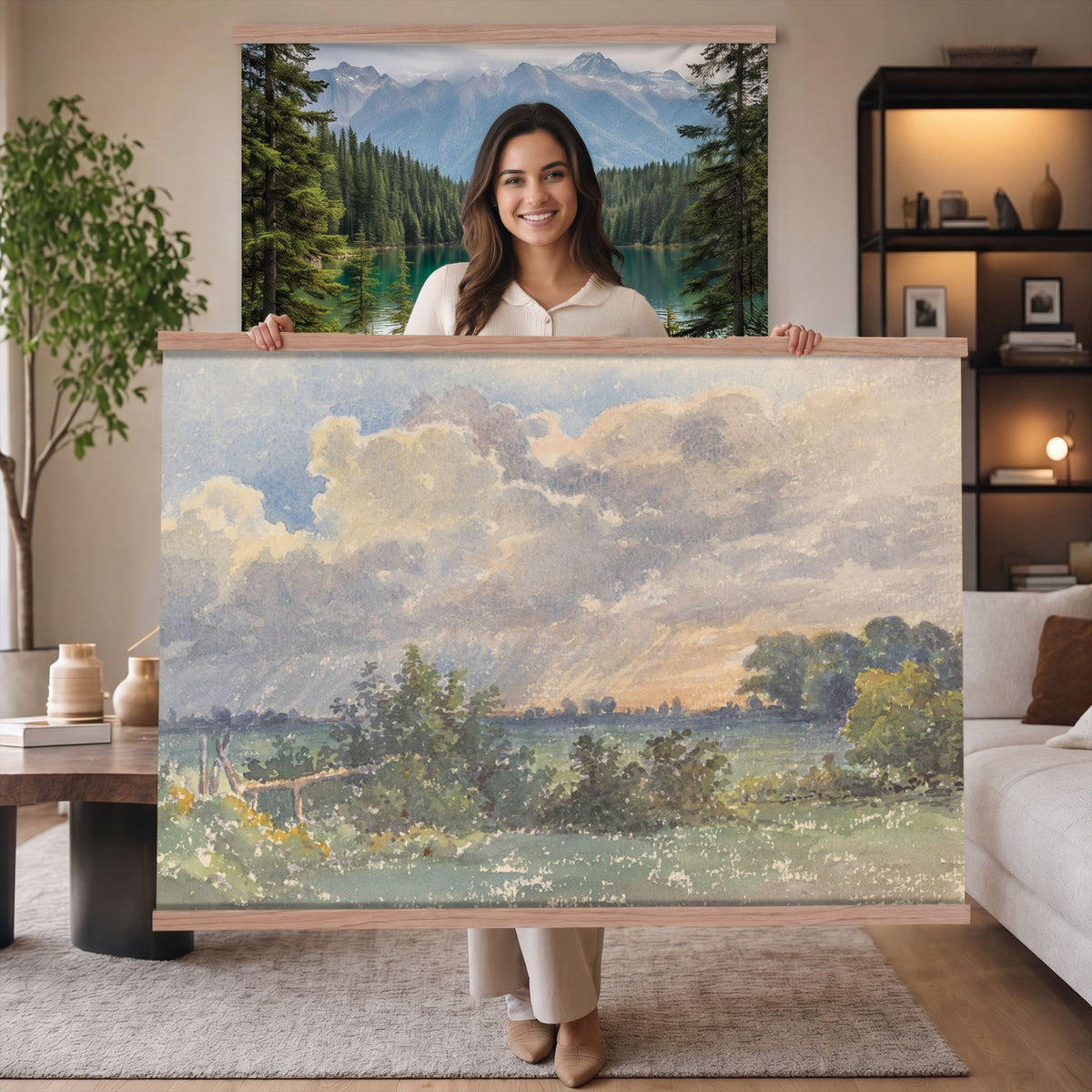30588477-MGV-TP-30X20 - Realism oil painting tapestry wall hanging of "Landscape with Storm Clouds" by Jean-Baptiste Calame, showing heavy storm clouds gathering over a low country field, with a dark tree line holding the horizon in dark grey storm clouds over muted green fields. Extra large wall art, made in the USA.