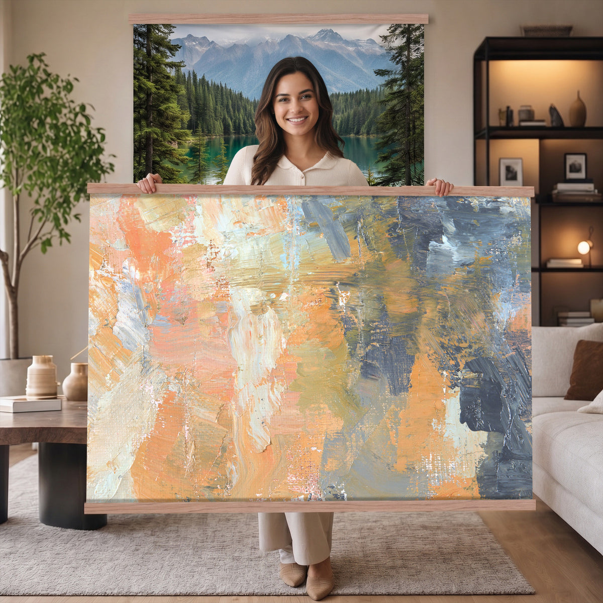 92754702-MGV-TP-30X20 - Cubism abstract oil painting tapestry wall hanging of "Abstract Landscape" by Nicolas de Stael, showing thick blocks of peach, grey, and cream laid side by side into a landscape that reads as pure shape and color in soft peach, warm grey, and cream color blocks. Extra large wall art, made in the USA.