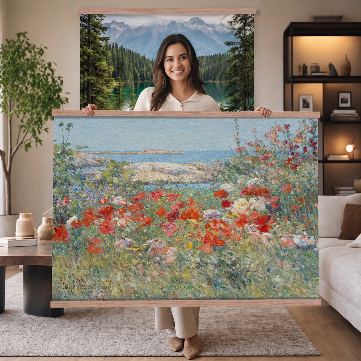 16720314-MGV-TP-30X20 - Impressionism oil painting tapestry wall hanging of "Celia Thaxter's Garden, Isles of Shoals" by Childe Hassam, showing a cliffside garden bursting with red poppies above a bright blue sea and rocky island shore in vivid red poppies against deep blue sea and green garden foliage. Extra large wall art, made in the USA.