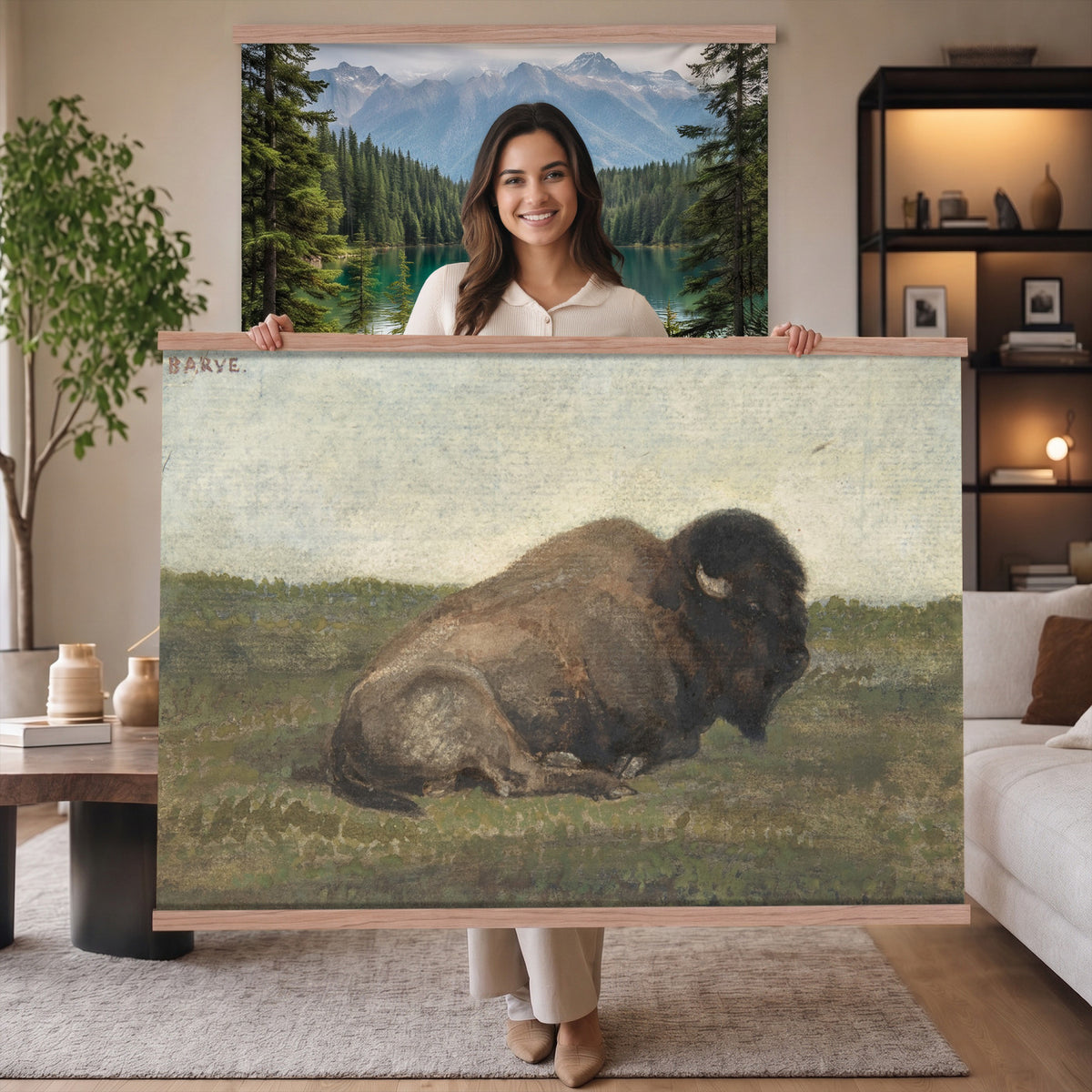 59987270-MGV-TP-30X20 - Realism oil painting tapestry wall hanging of "Bison Lying Down" by Antoine-Louis Barye, showing a heavy bison at rest on open prairie ground, painted with weight and quiet animal presence in deep brown bison coat against muted prairie grass and a low sky. Extra large wall art, made in the USA.