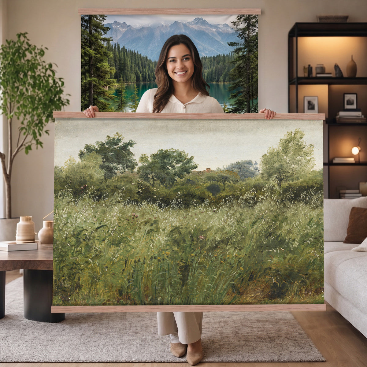 65790269-MGV-TP-30X20 - Realism oil painting tapestry wall hanging of "Field of Oats near Vejby" by Dankvart Dreyer, showing a ripe oat field bending in the breeze, with low farm buildings and a wide soft Danish sky beyond in warm golden oat tones with soft green edges under a pale wide sky. Extra large wall art, made in the USA.