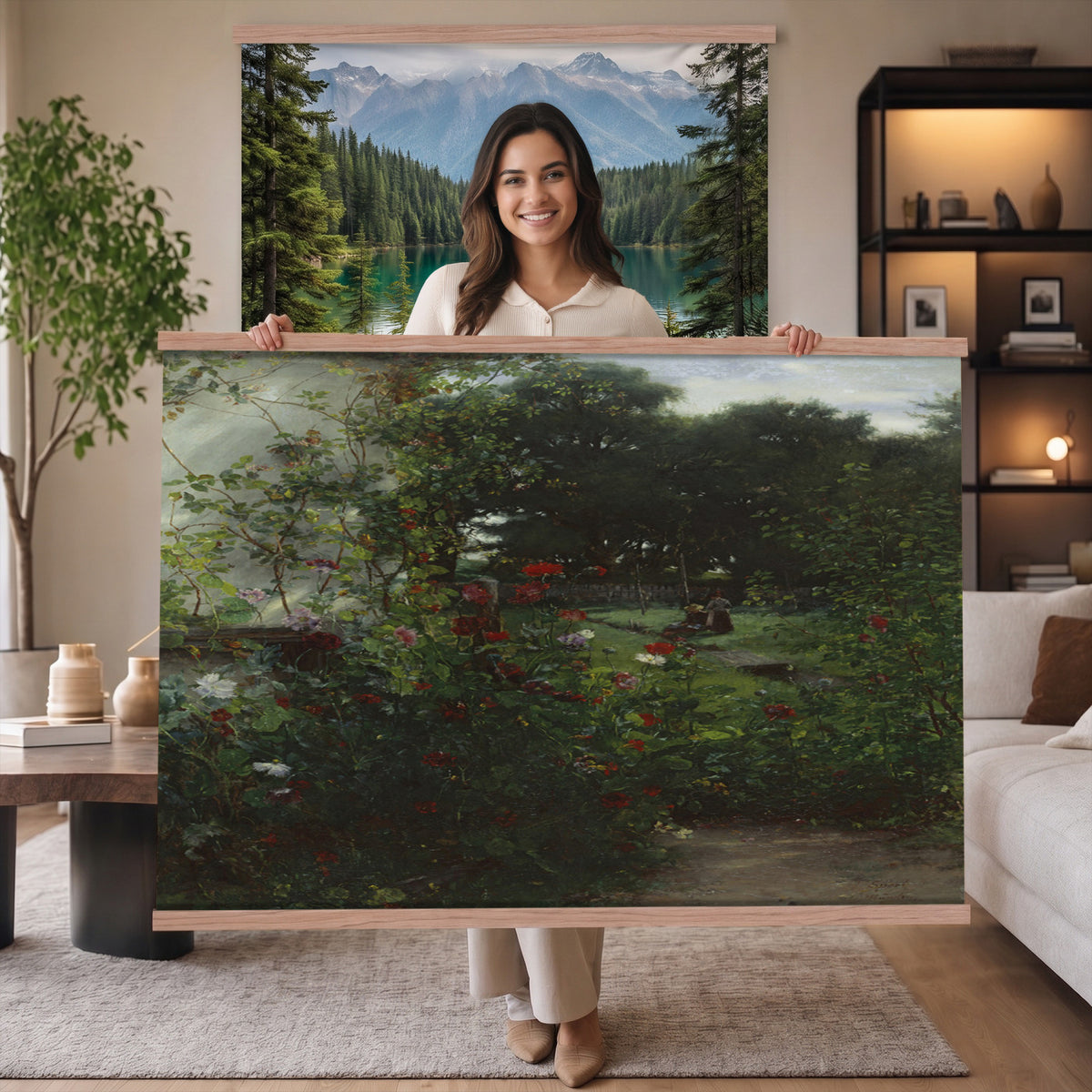 99581515-MGV-TP-30X20 - Barbizon oil painting tapestry wall hanging of "By the Brook" by Xavier De Cock, showing a shaded brook winding through dense woodland, with a small hidden figure resting among the trees in dark layered forest greens with warm brown earth and pale water light. Extra large wall art, made in the USA.