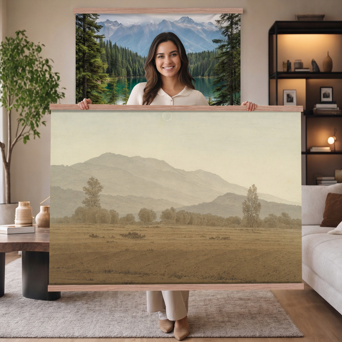 65089395-MGV-TP-30X20 - Realism oil study tapestry wall hanging of "Landscape Study at Grez-sur-Loing" by Frans Van Leemputten, showing an open field study at Grez-sur-Loing, with loose brushwork across low crops, hedgerows, and a soft French sky in soft field greens and warm earth tones under a pale washed sky. Extra large wall art, made in the USA.