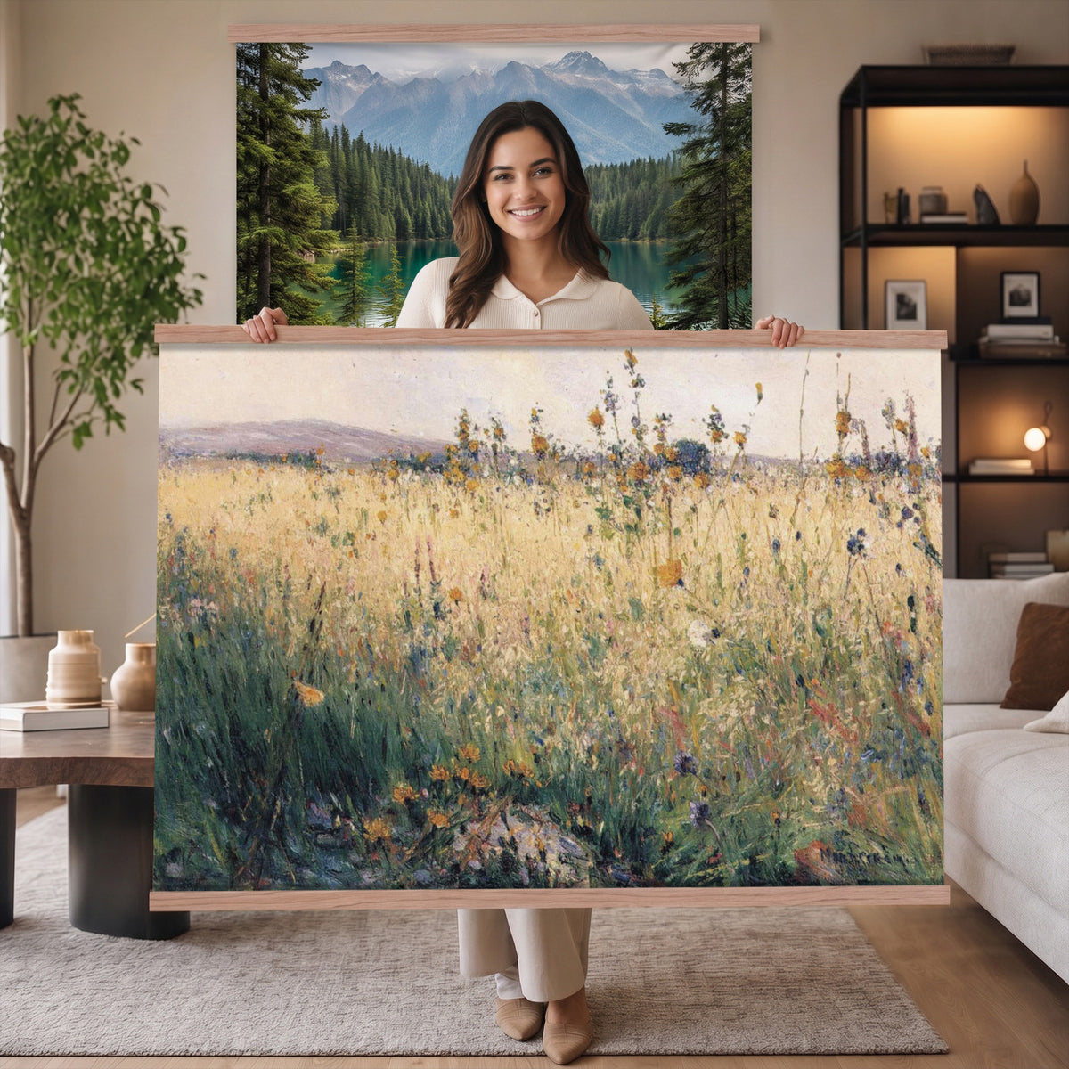 32213014-MGV-TP-30X20 - Tonalism watercolor tapestry wall hanging of "The Babbling Brook" by William Henry Holmes, showing a small brook running through open meadow grass, with soft banks, low shrubs, and a gentle rise beyond in fresh meadow greens with pale blue water and a soft light sky. Extra large wall art, made in the USA.