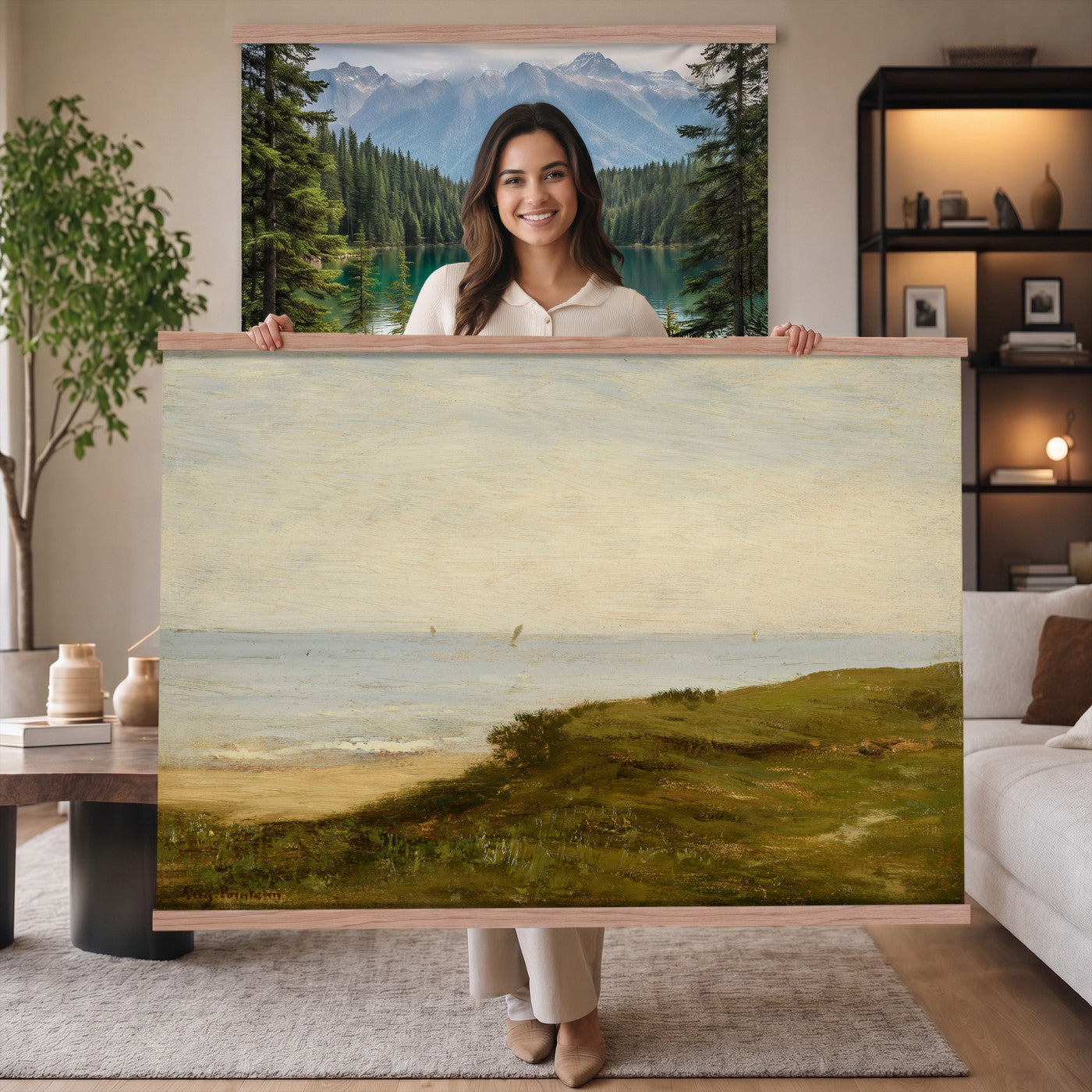 33440930-MGV-TP-30X20 - Impressionism oil painting tapestry wall hanging of "Beach Dunes" by Max Clarenbach, showing low rolling sand dunes topped with pale beach grass, opening toward a quiet sea under a wide soft sky in pale sand tones and dune grass under a wide soft blue-grey sky. Extra large wall art, made in the USA.