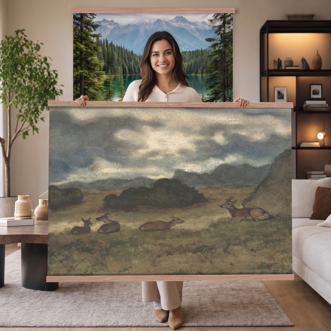 72841227-MGV-TP-30X20 - Realism oil painting tapestry wall hanging of "Bohmisch-Mahrische Hohe" by Ferdinand Engelmuller, showing a snow-covered highland village with low cottages, bare trees, and deep drifts stretching toward pale winter hills in cool white snow with warm ochre cottage walls under a pale winter sky. Extra large wall art, made in the USA.