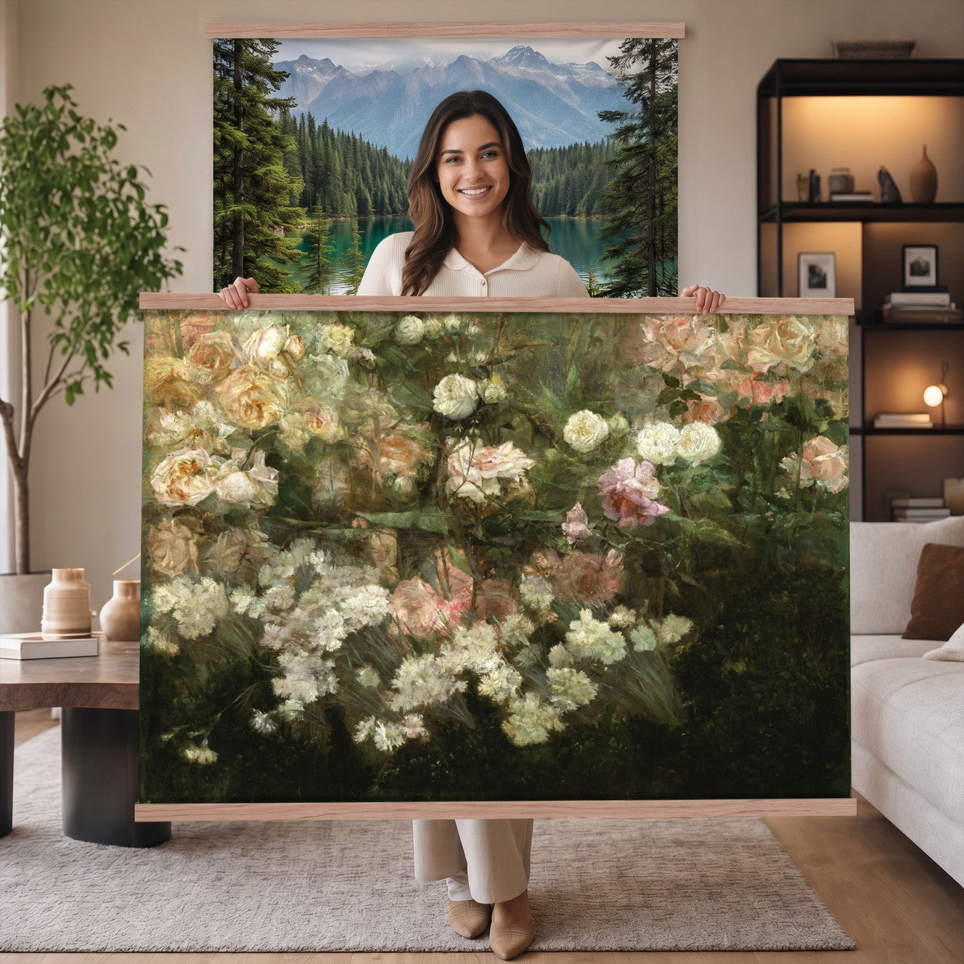 82392202-MGV-TP-30X20 - Post Impressionism oil painting tapestry wall hanging of "White Roses" by Tadeusz Makowski, showing a full bunch of white roses in a simple vase, softly lit against a plain shadowed background in creamy white rose petals and green leaves against a muted warm background. Extra large wall art, made in the USA.