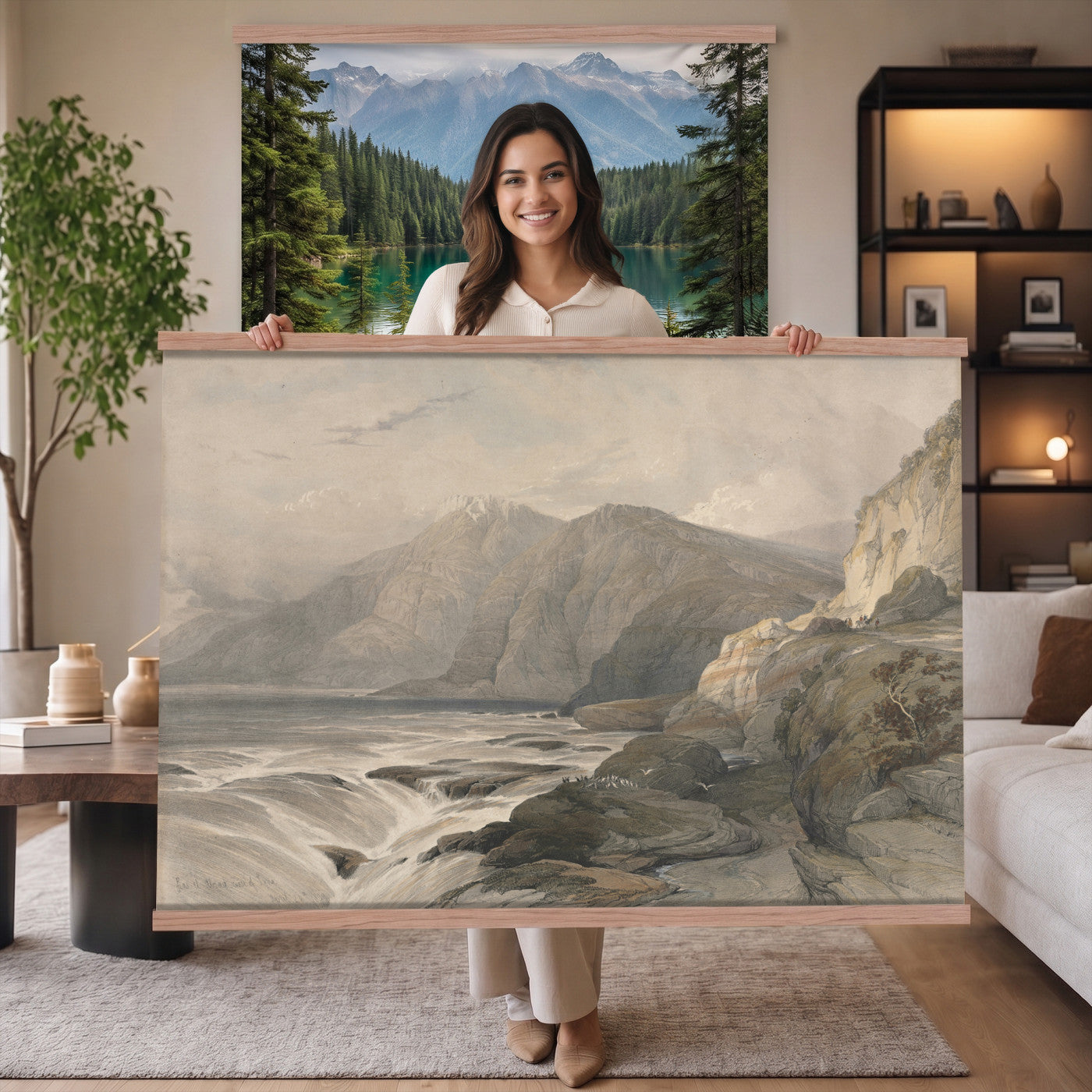 36494221-MGV-TP-30X20 - Realism oil painting tapestry wall hanging of "Stormy Sea" by Alfred Jensen, showing heavy breaking waves rolling under a dark storm sky, with white foam catching the last light on the water in deep grey-green waves with white foam under a heavy storm sky. Extra large wall art, made in the USA.