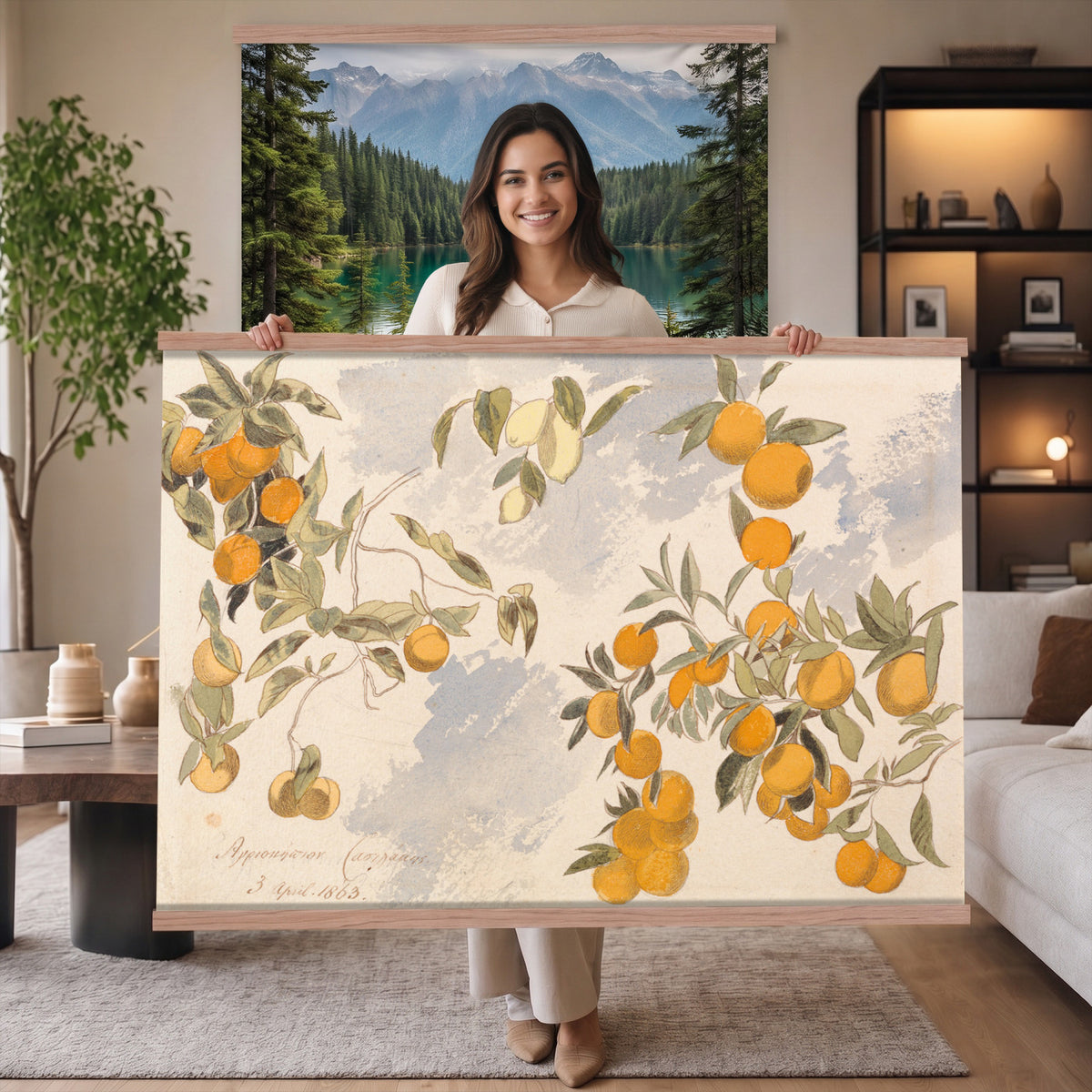 81433656-MGV-TP-30X20 - Art Nouveau pattern design tapestry wall hanging of "Marigold" by William Morris, showing a dense, perfectly balanced repeat of curling marigold blooms, scrolling stems, and layered leaf work in deep olive and sage green with warm cream botanical linework. Extra large wall art, made in the USA.