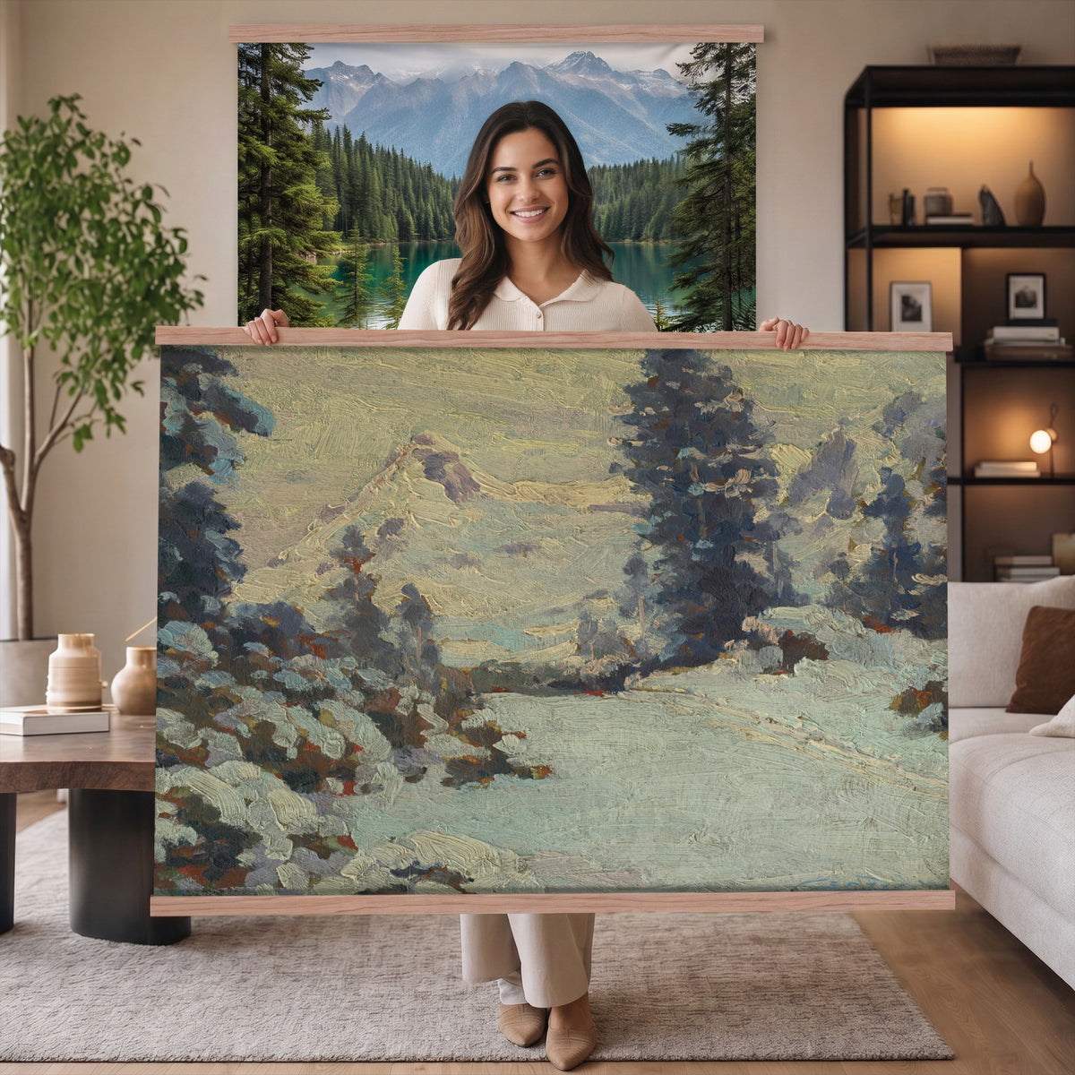 66869729-MGV-TP-30X20 - Realism oil painting tapestry wall hanging of "An Evening in March" by Charlotte Wahlstrom, showing bare late-winter trees along a still river, patches of melting snow, and a low golden evening light on the horizon in cool blue snow shadows against a warm amber sunset sky. Extra large wall art, made in the USA.